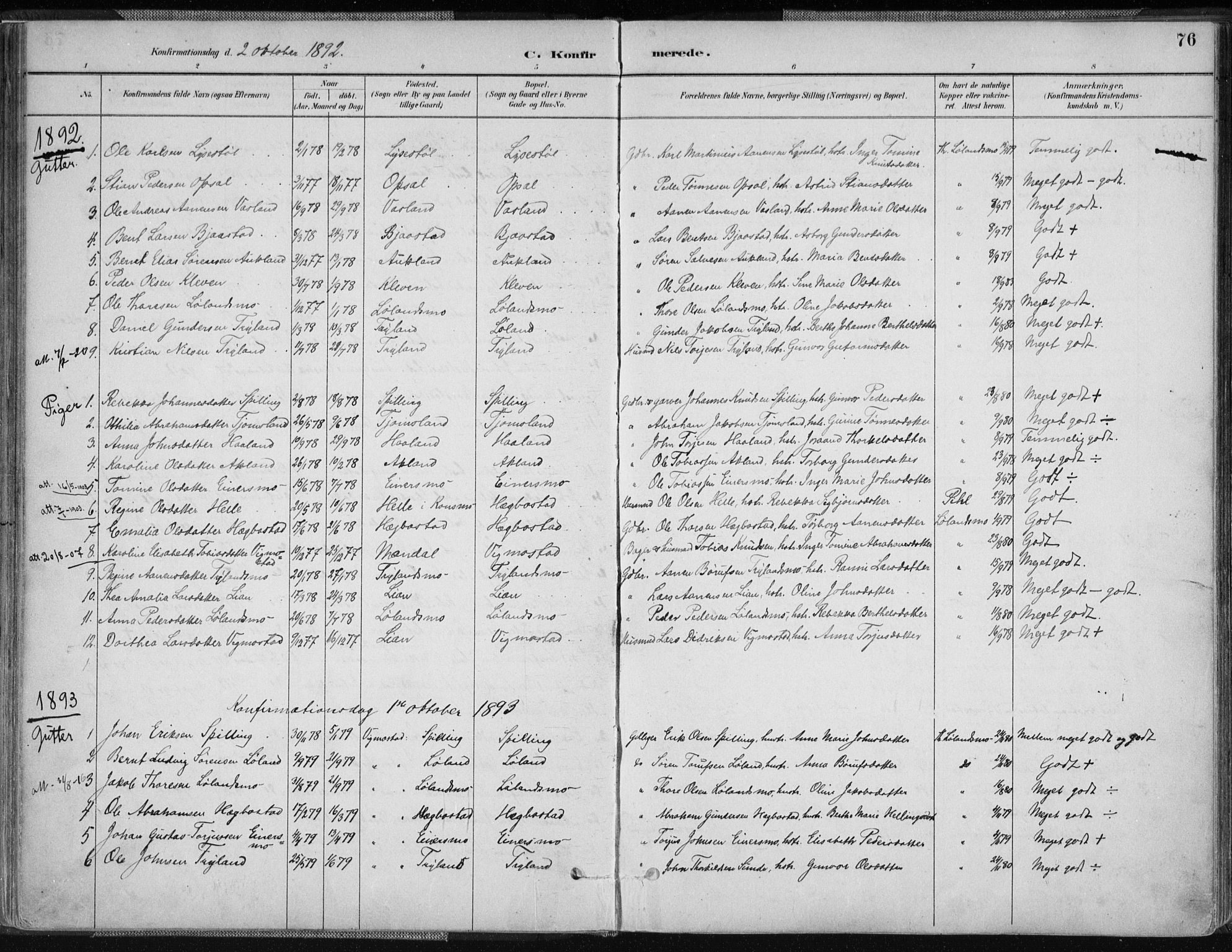 Nord-Audnedal sokneprestkontor, AV/SAK-1111-0032/F/Fa/Fab/L0003: Parish register (official) no. A 3, 1882-1900, p. 76