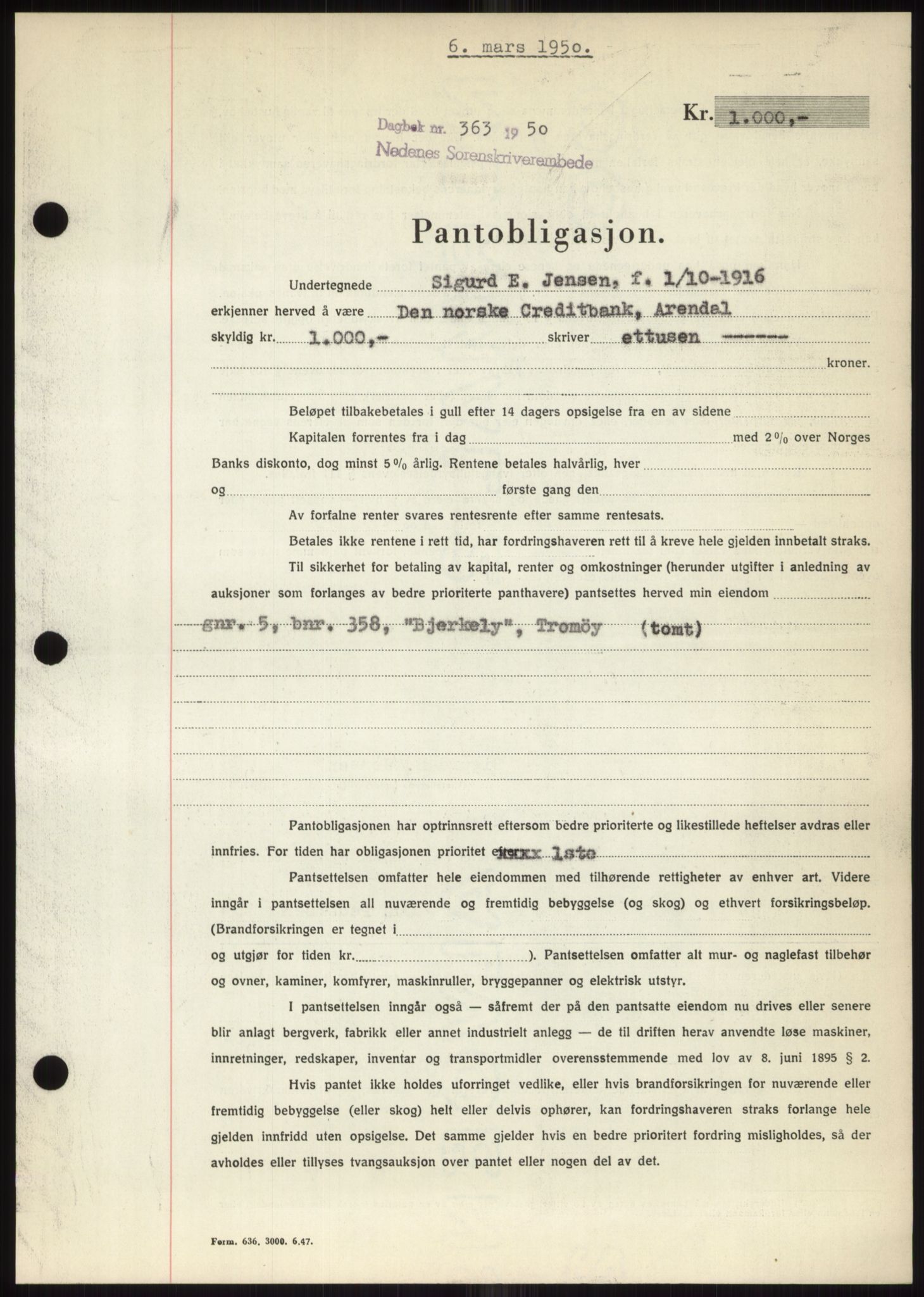 Nedenes sorenskriveri, AV/SAK-1221-0006/G/Gb/Gbb/L0007: Mortgage book no. B7, 1949-1950, Diary no: : 363/1950