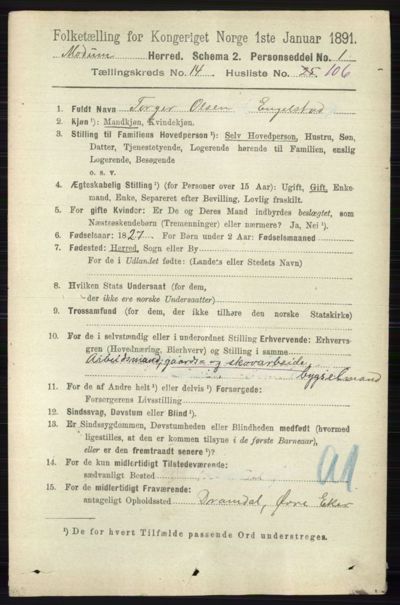 RA, 1891 census for 0623 Modum, 1891, p. 6109