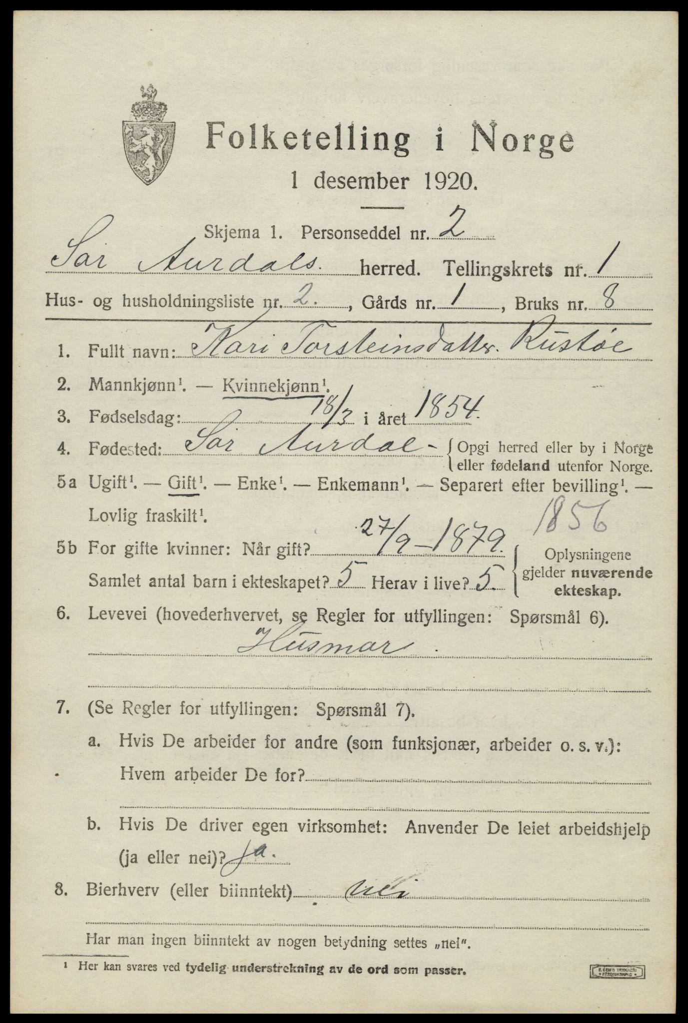 SAH, 1920 census for Sør-Aurdal, 1920, p. 1531