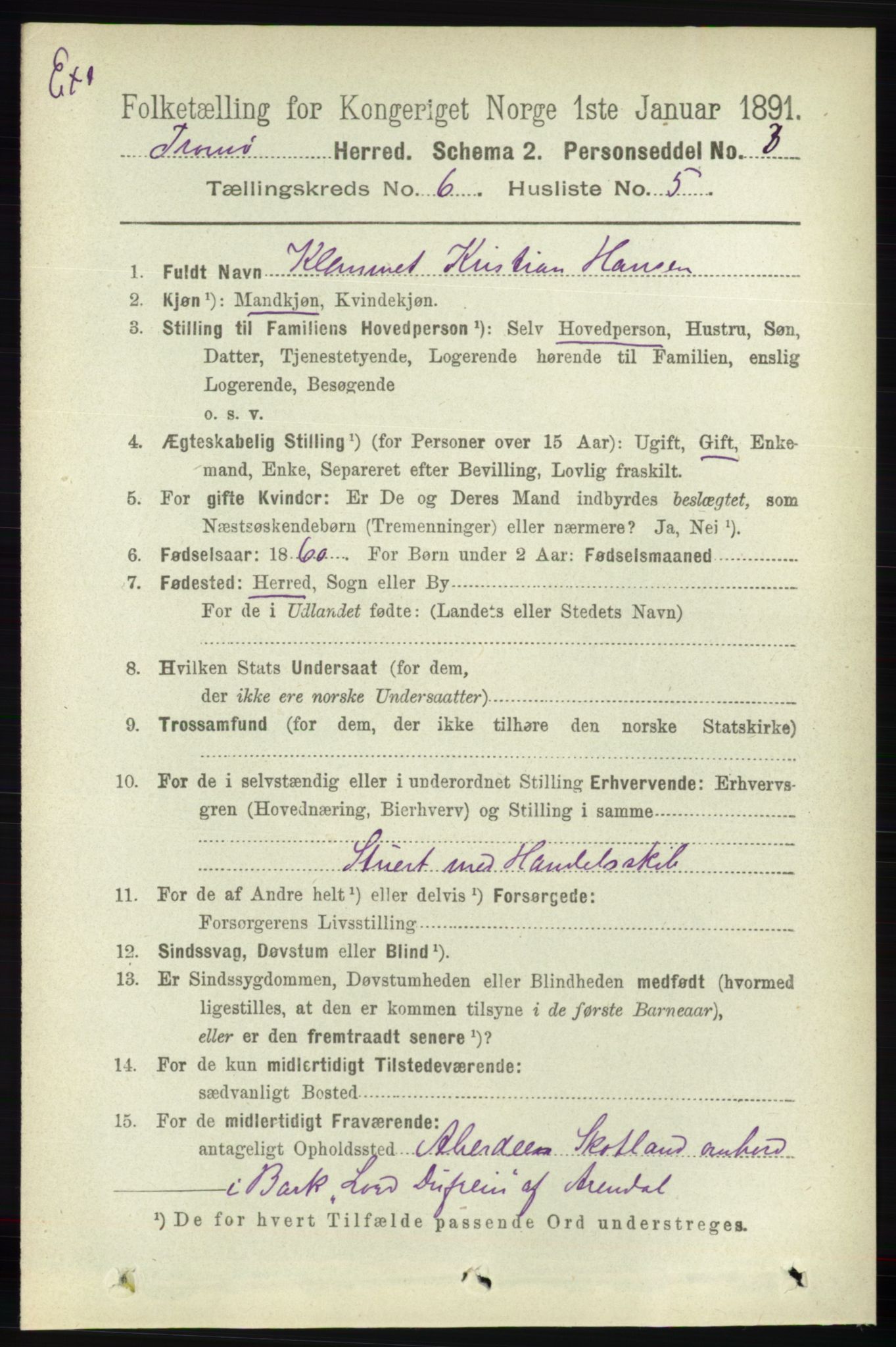 RA, Census 1891 for Nedenes amt: Gjenparter av personsedler for beslektede ektefeller, menn, 1891, p. 583