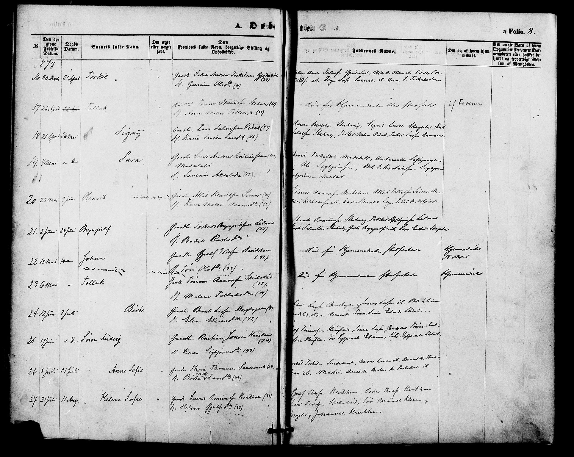 Bakke sokneprestkontor, AV/SAK-1111-0002/F/Fa/Faa/L0007: Parish register (official) no. A 7, 1877-1886, p. 8