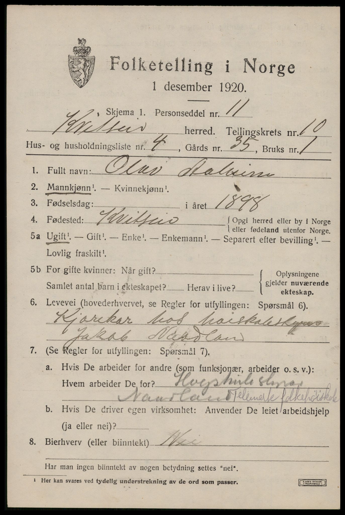 SAKO, 1920 census for Kviteseid, 1920, p. 4709