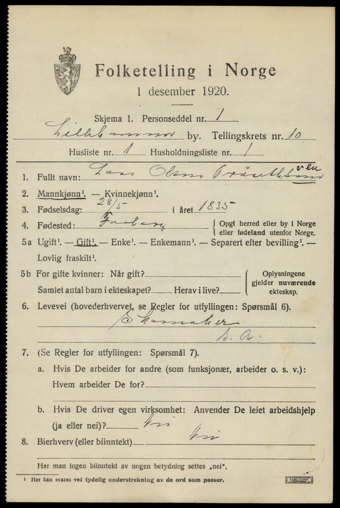 SAH, 1920 census for Lillehammer, 1920, p. 13808