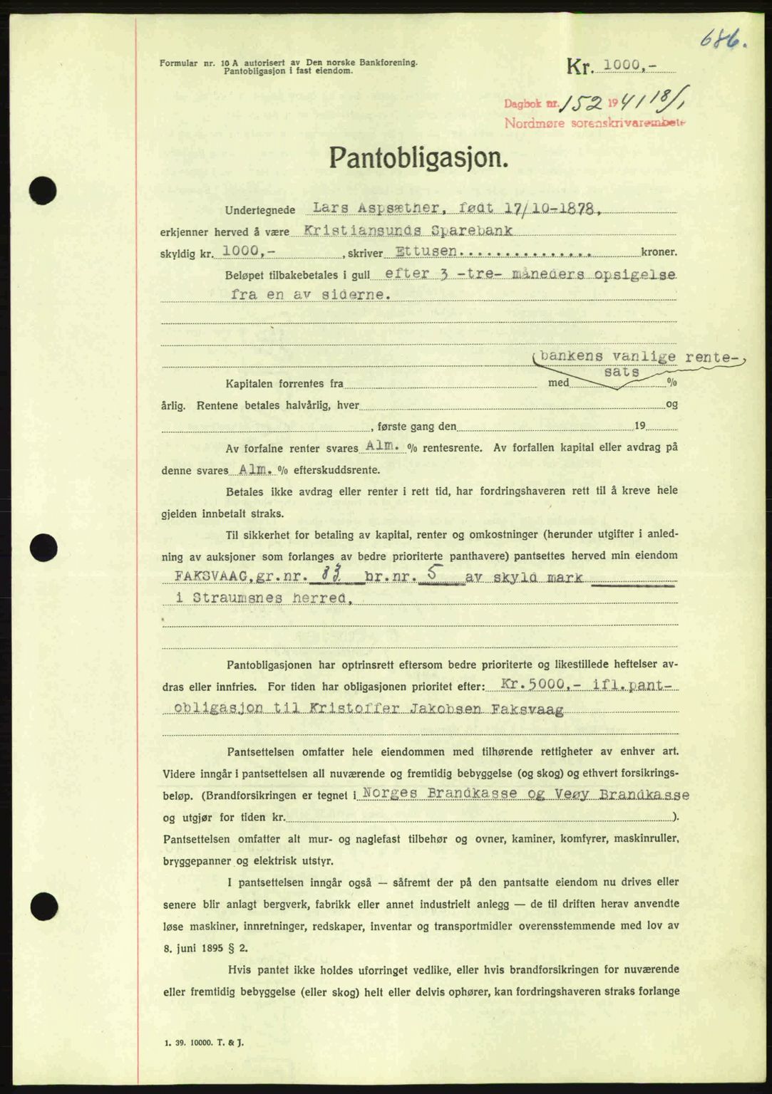 Nordmøre sorenskriveri, AV/SAT-A-4132/1/2/2Ca: Mortgage book no. B87, 1940-1941, Diary no: : 152/1941