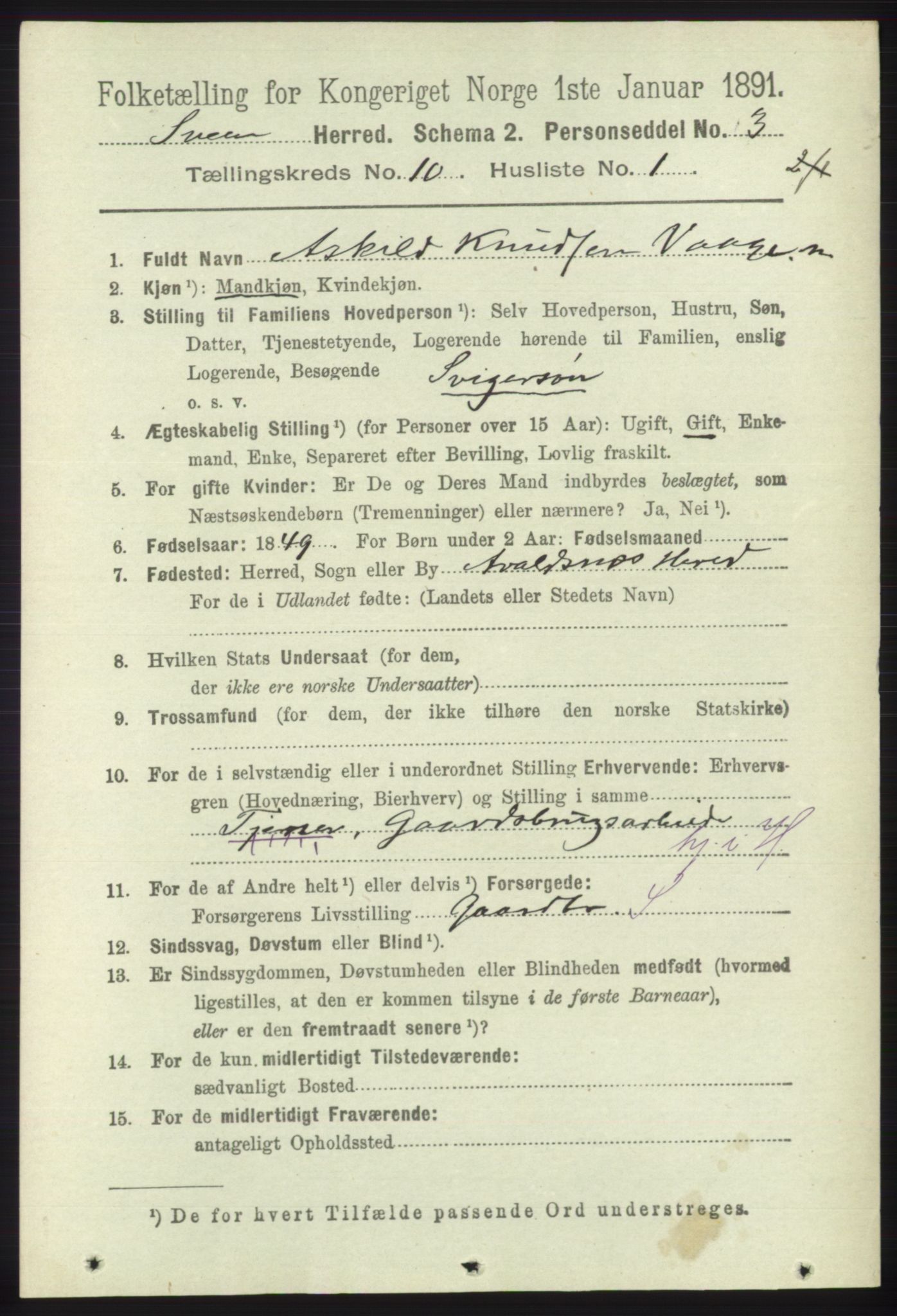 RA, 1891 census for 1216 Sveio, 1891, p. 2916