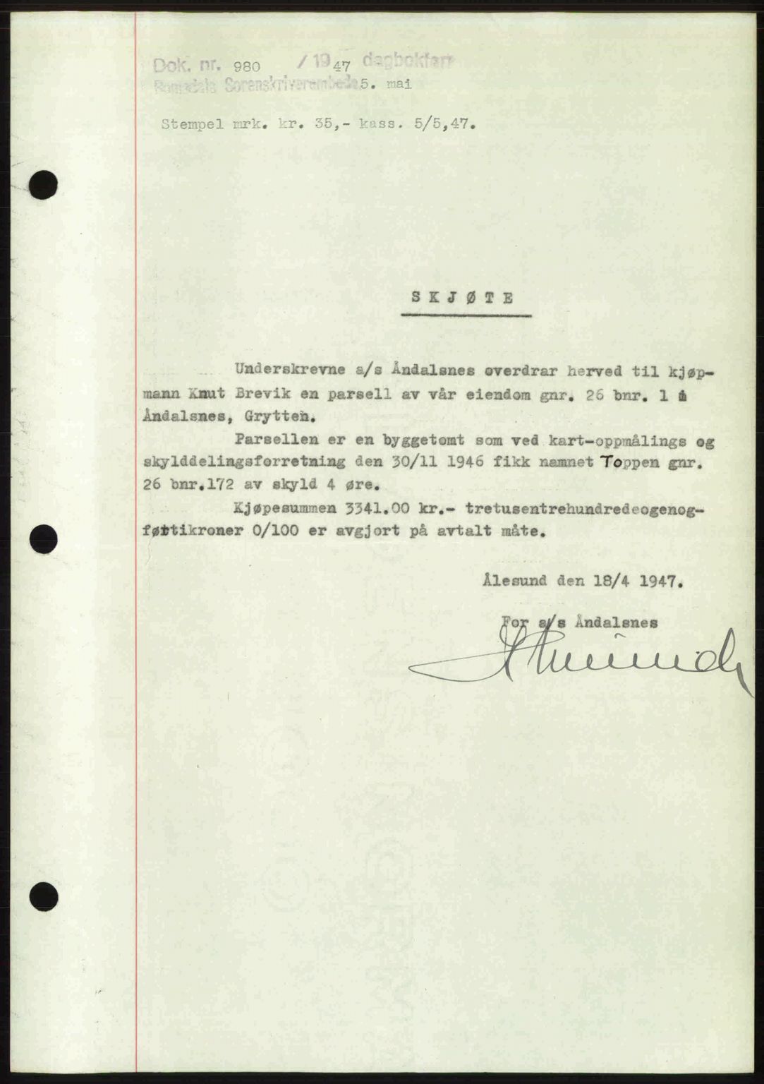 Romsdal sorenskriveri, SAT/A-4149/1/2/2C: Mortgage book no. A22, 1947-1947, Diary no: : 980/1947