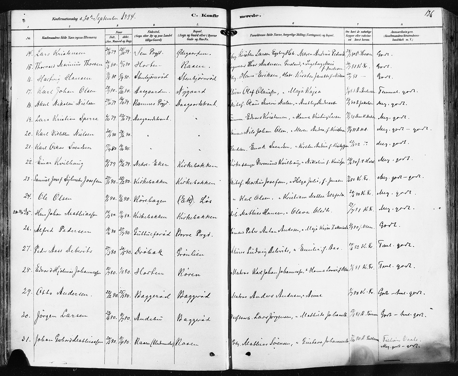 Borre kirkebøker, SAKO/A-338/F/Fa/L0009: Parish register (official) no. I 9, 1878-1896, p. 136