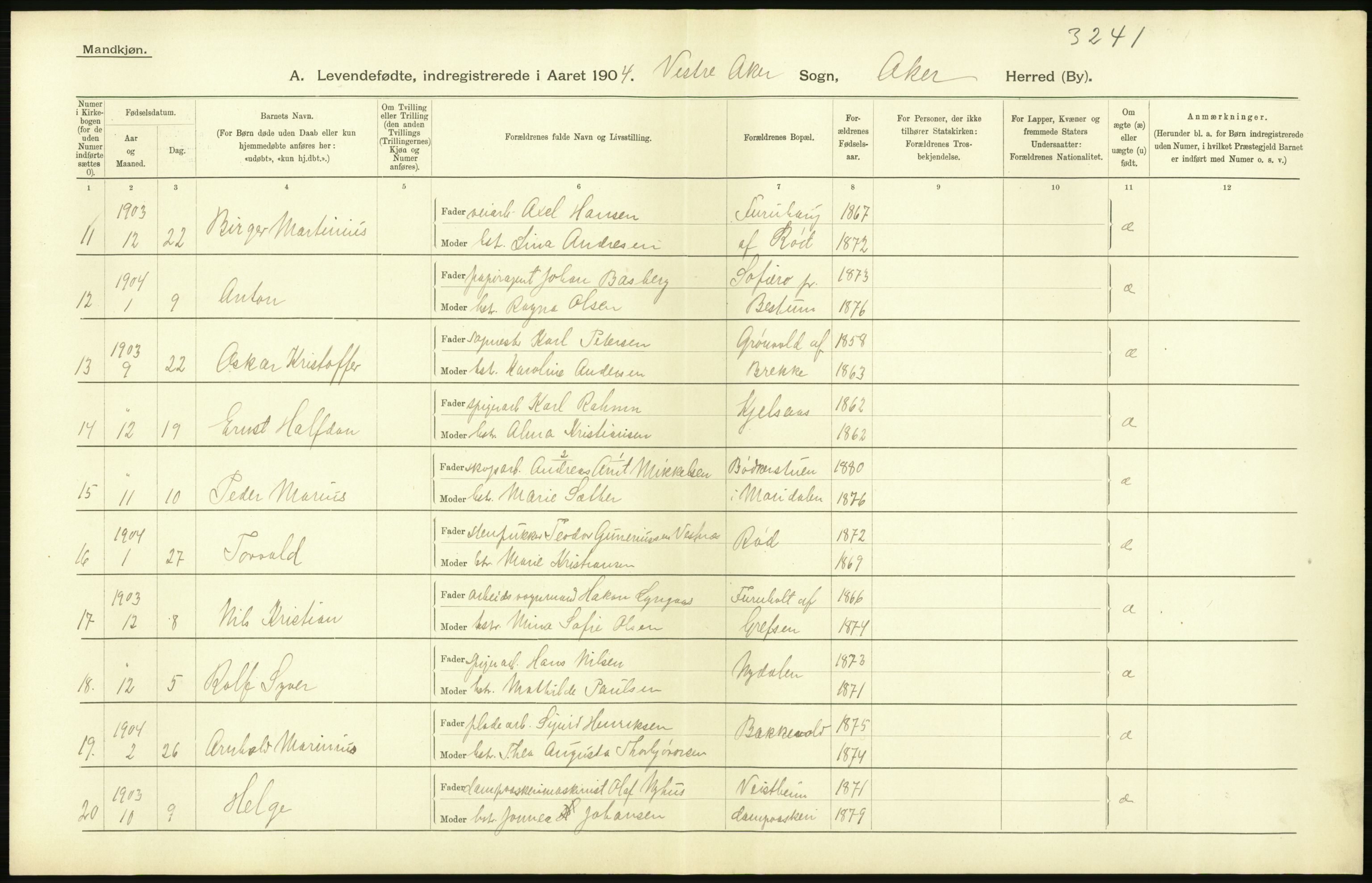 Statistisk sentralbyrå, Sosiodemografiske emner, Befolkning, AV/RA-S-2228/D/Df/Dfa/Dfab/L0002: Akershus amt: Fødte, gifte, døde, 1904, p. 426