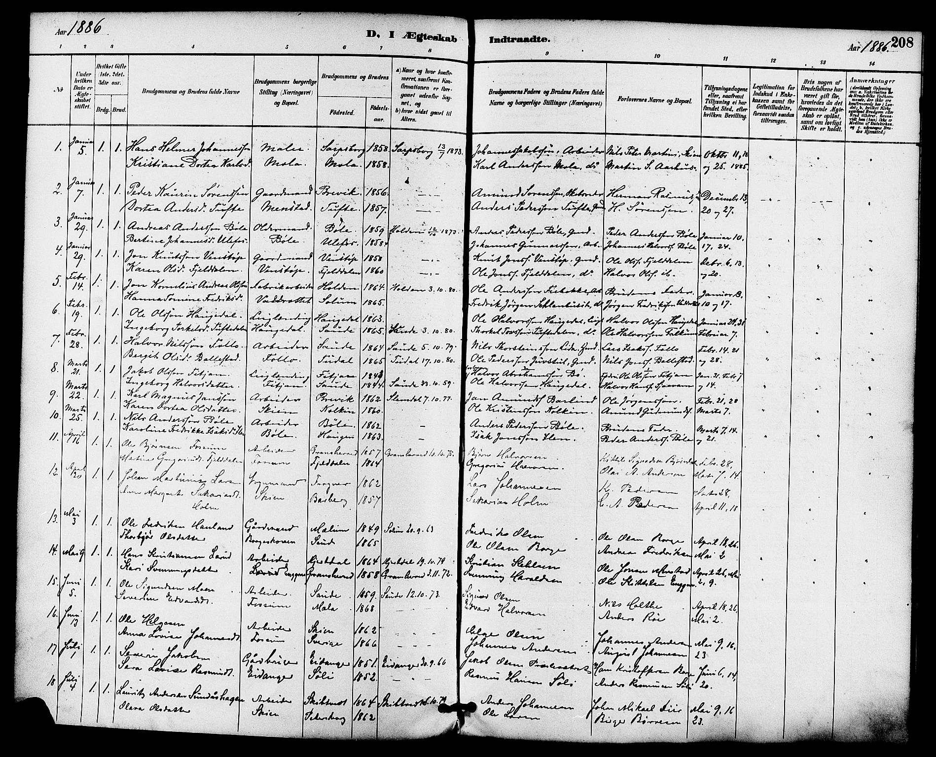 Gjerpen kirkebøker, SAKO/A-265/F/Fa/L0010: Parish register (official) no. I 10, 1886-1895, p. 208