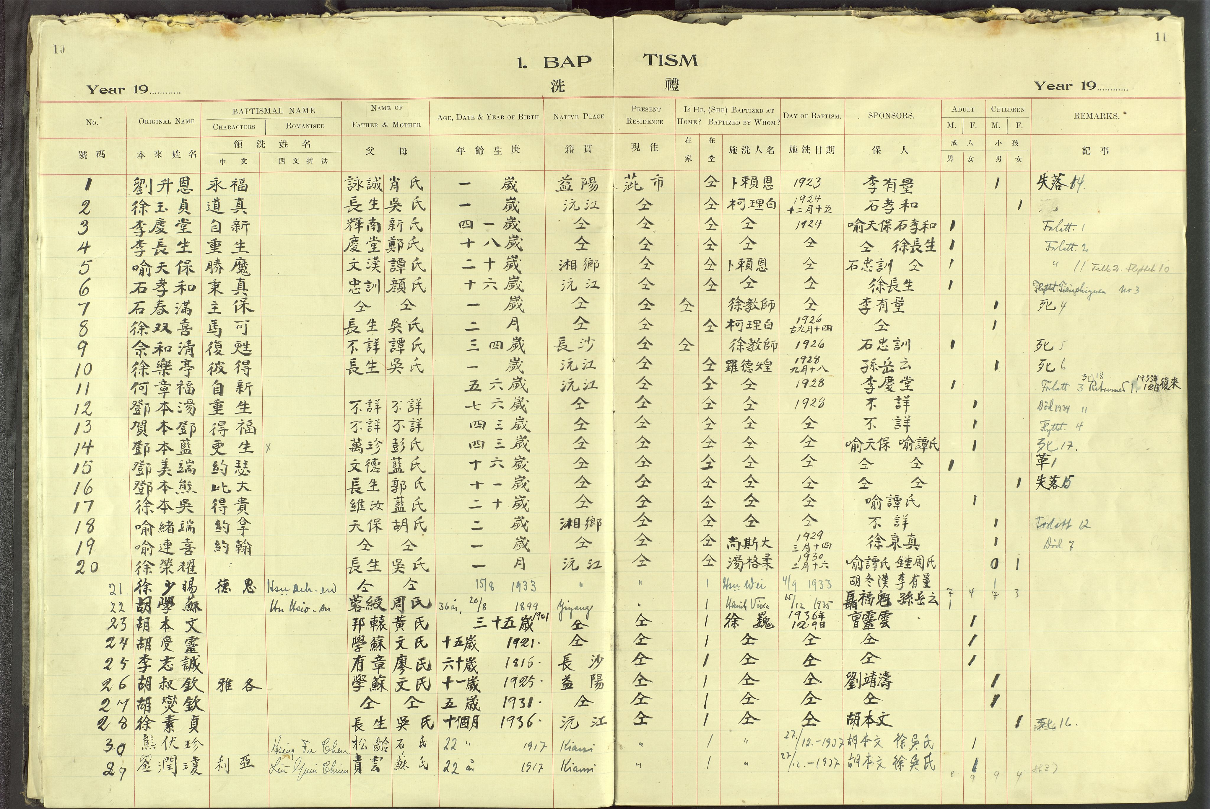 Det Norske Misjonsselskap - utland - Kina (Hunan), VID/MA-A-1065/Dm/L0096: Parish register (official) no. 134, 1923-1938, p. 10-11