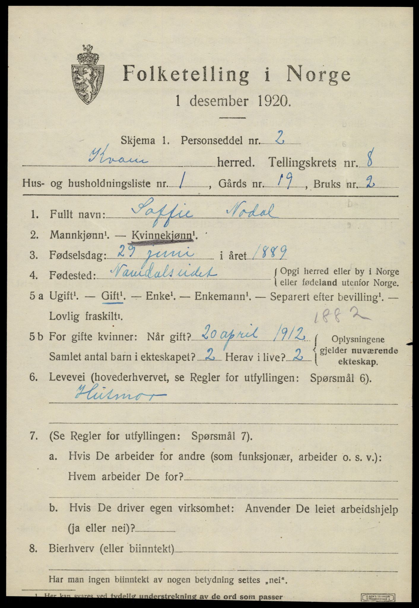 SAT, 1920 census for Kvam, 1920, p. 1993