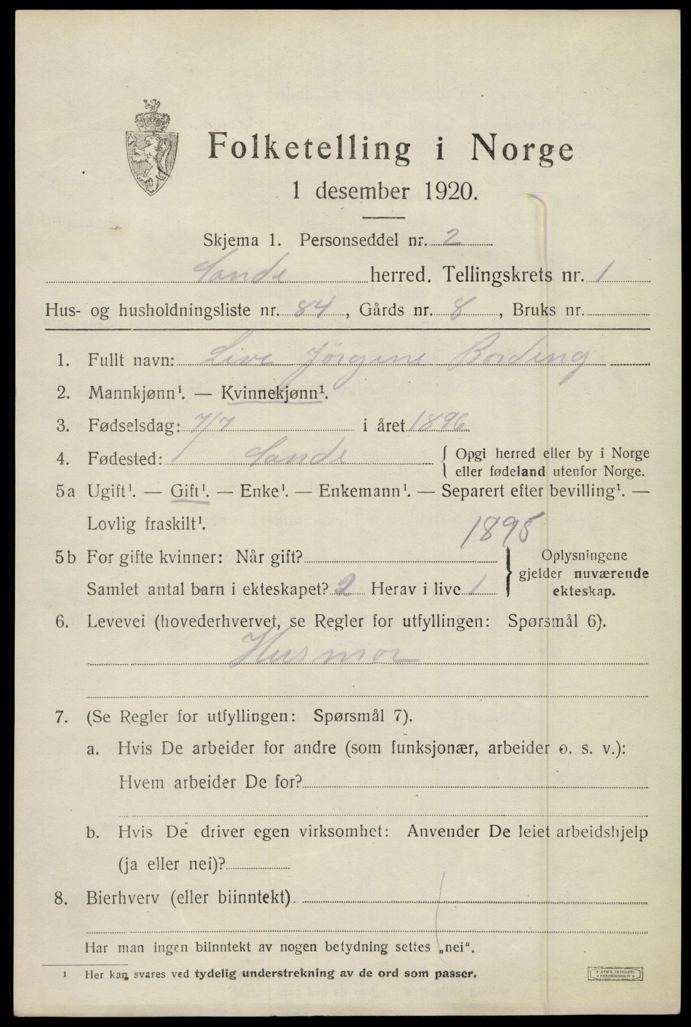 SAKO, 1920 census for Sande, 1920, p. 2168