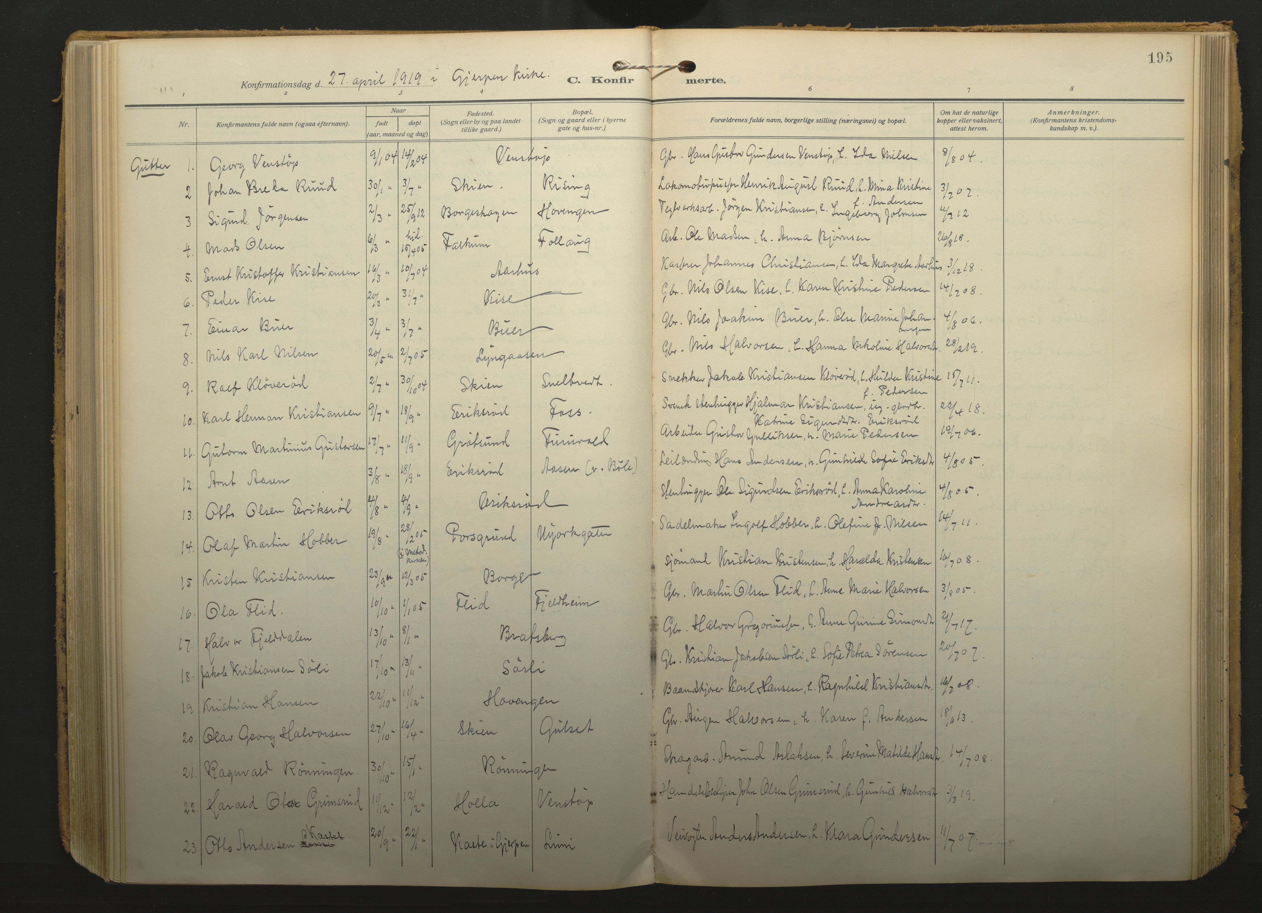 Gjerpen kirkebøker, SAKO/A-265/F/Fa/L0013: Parish register (official) no. I 13, 1914-1924, p. 195