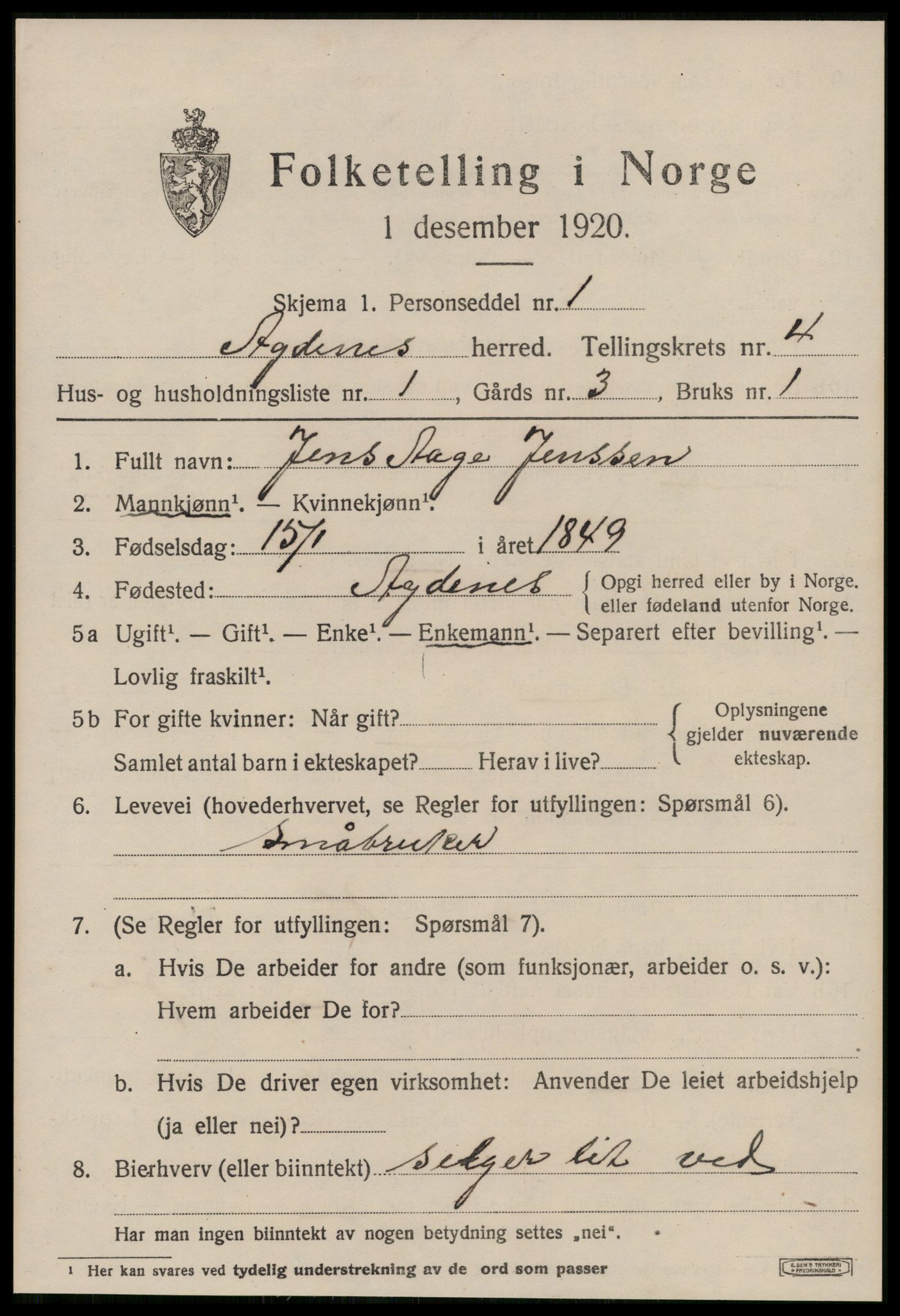SAT, 1920 census for Agdenes, 1920, p. 2033