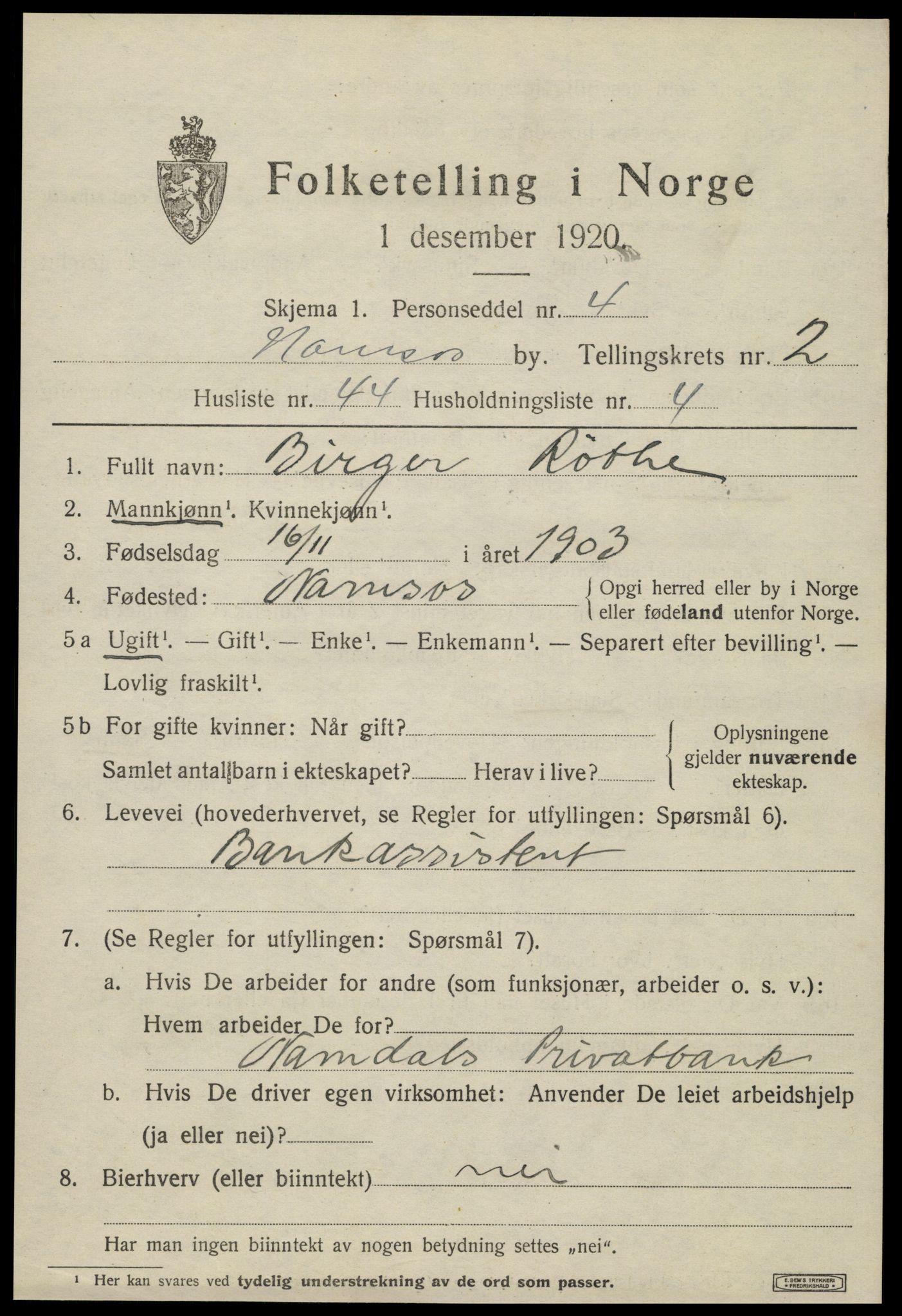 SAT, 1920 census for Namsos, 1920, p. 3737