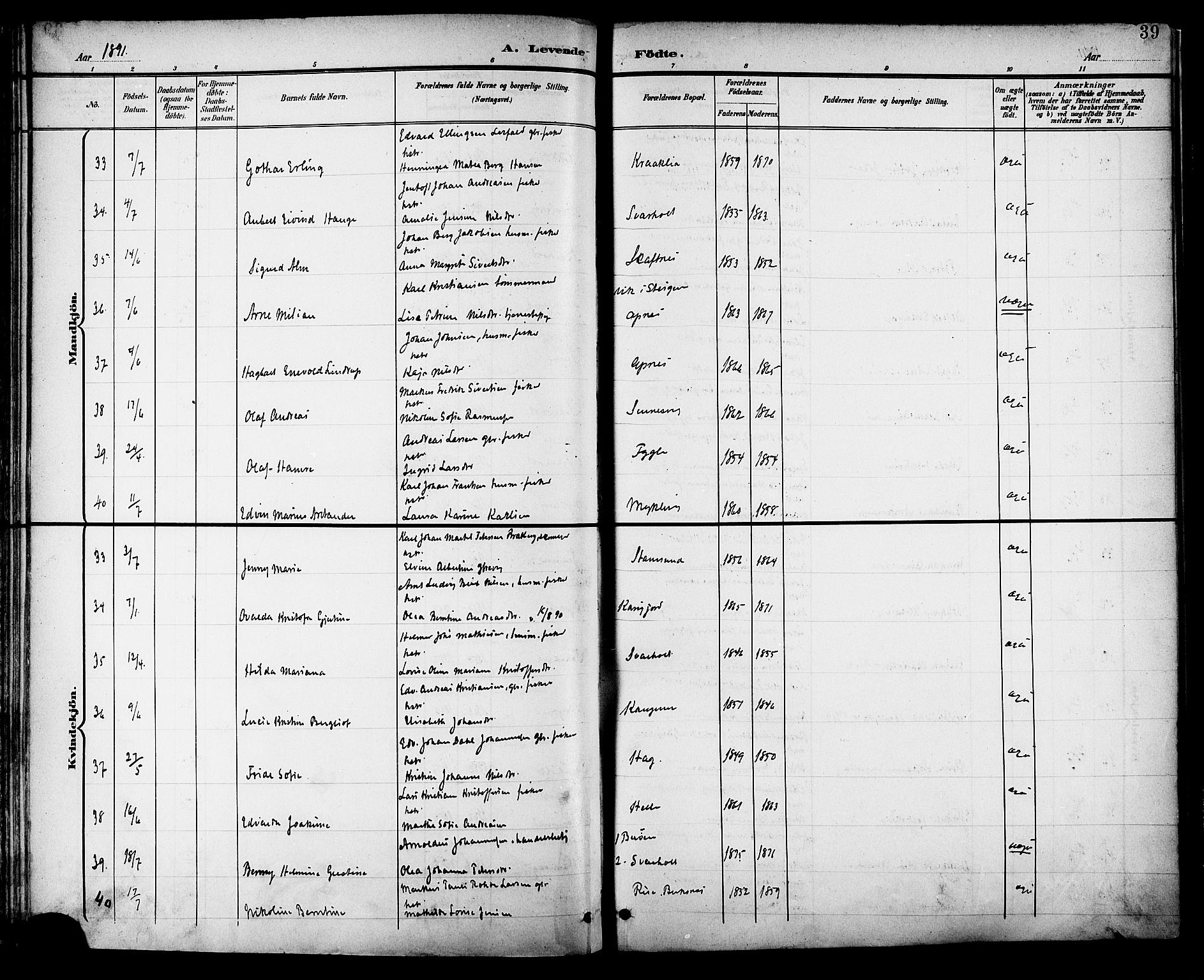 Ministerialprotokoller, klokkerbøker og fødselsregistre - Nordland, SAT/A-1459/882/L1179: Parish register (official) no. 882A01, 1886-1898, p. 39
