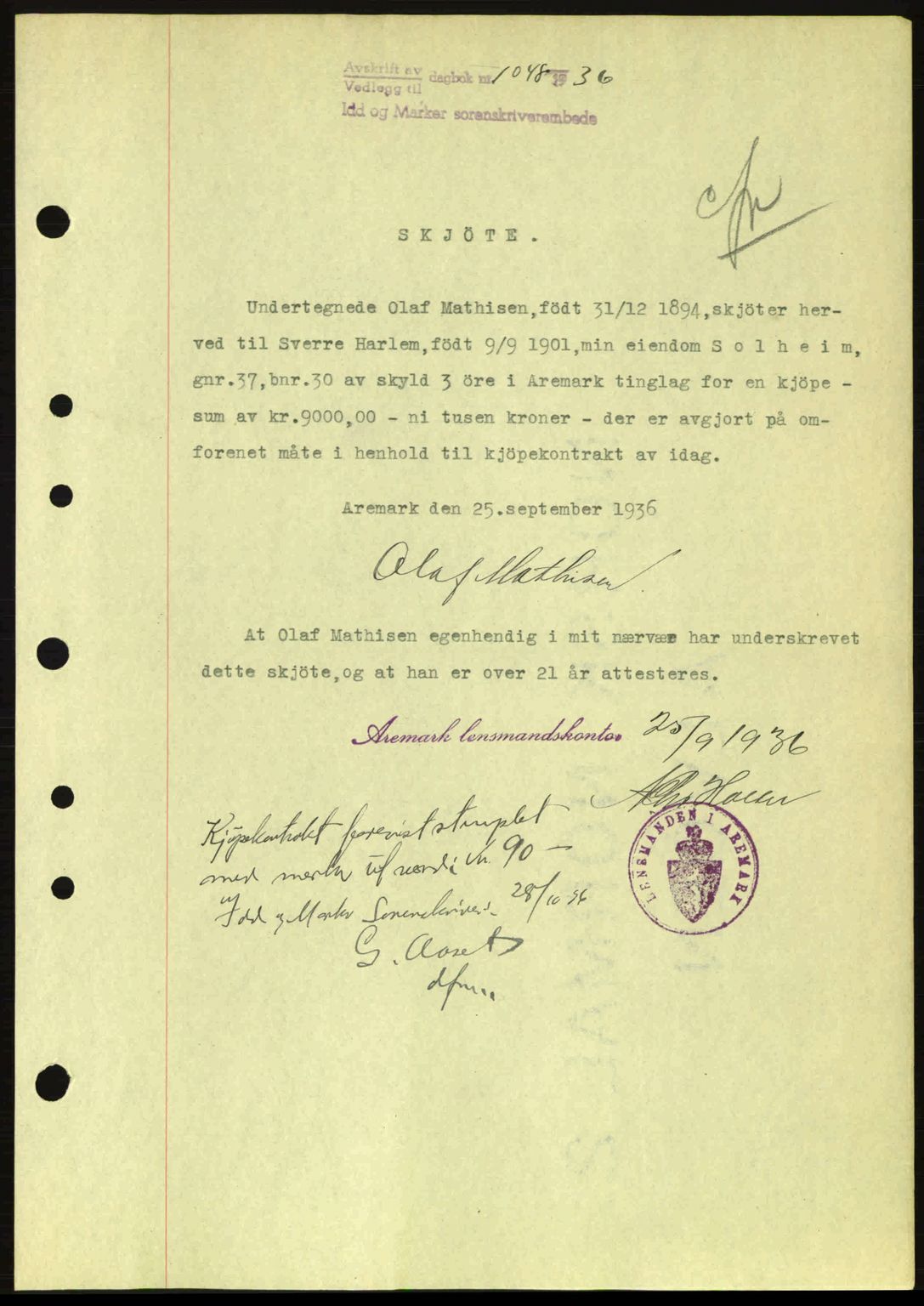 Idd og Marker sorenskriveri, AV/SAO-A-10283/G/Gb/Gbb/L0001: Mortgage book no. A1, 1936-1937, Diary no: : 1048/1936