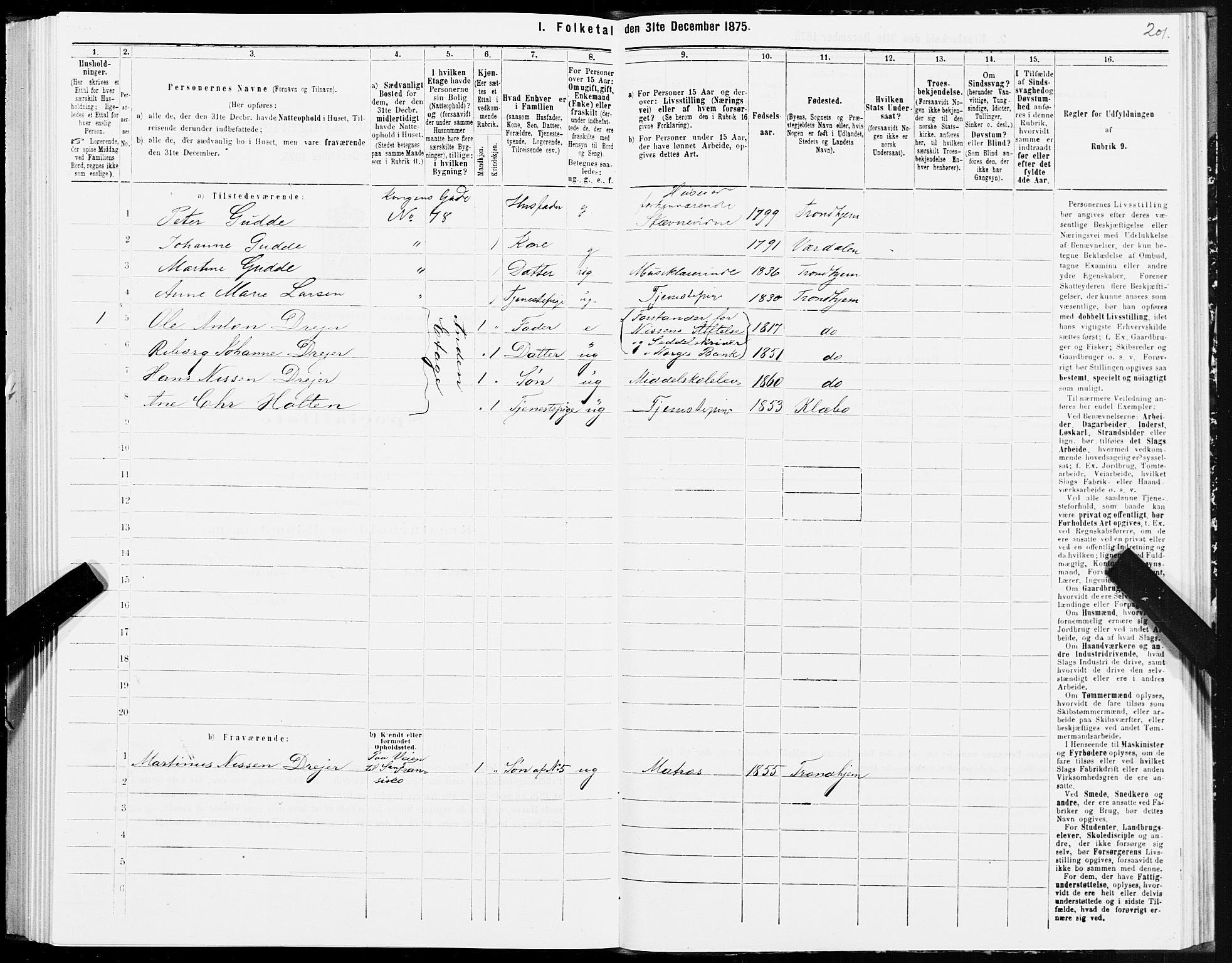 SAT, 1875 census for 1601 Trondheim, 1875, p. 5201