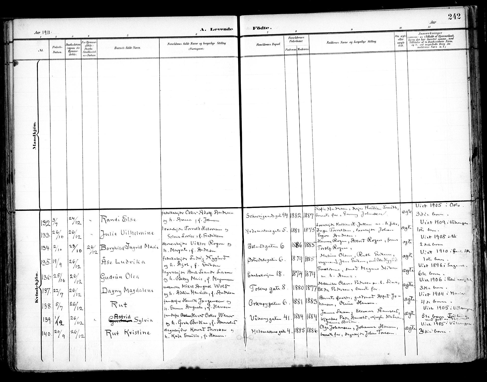 Vålerengen prestekontor Kirkebøker, SAO/A-10878/F/Fa/L0001: Parish register (official) no. 1, 1899-1915, p. 242