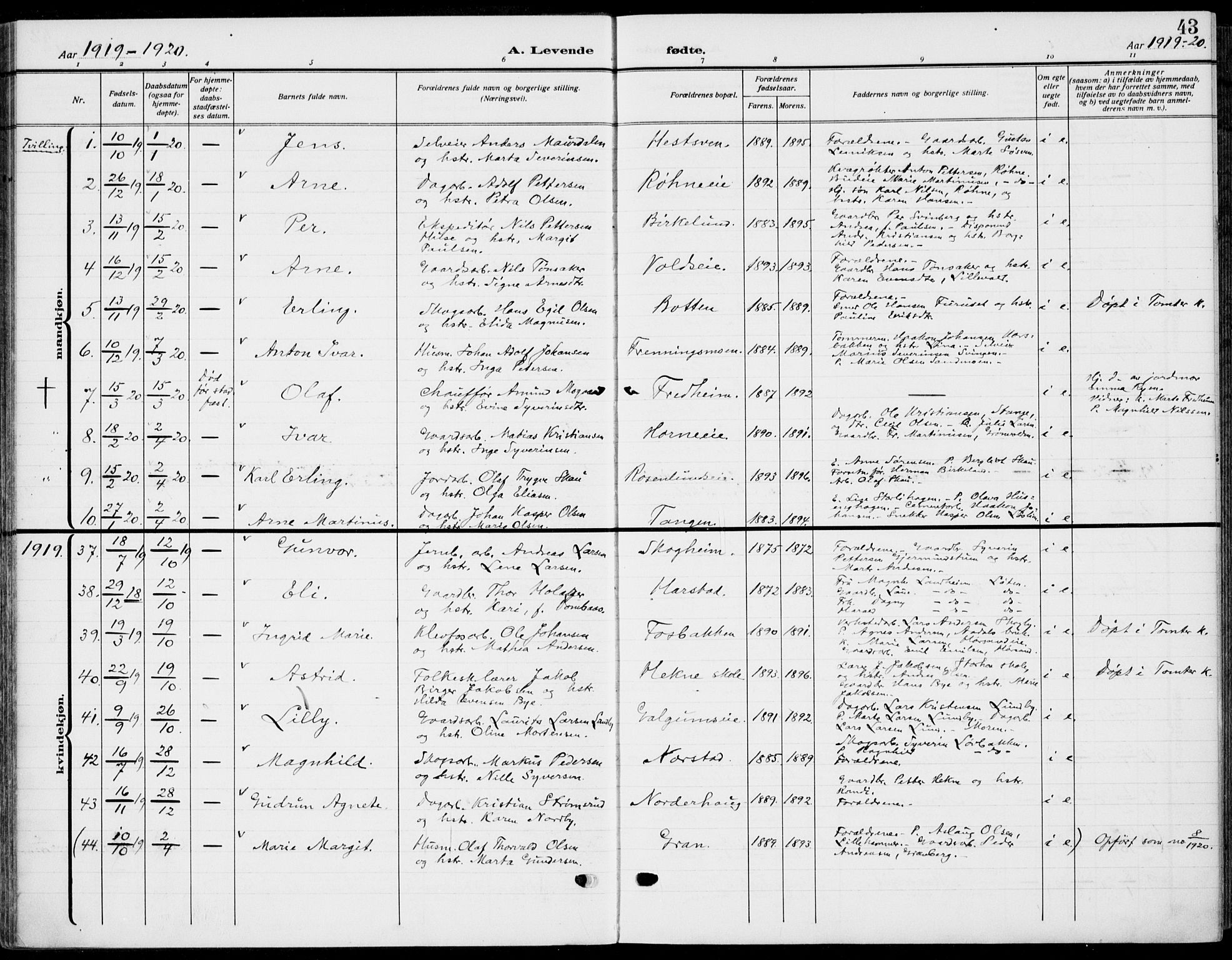 Romedal prestekontor, AV/SAH-PREST-004/K/L0012: Parish register (official) no. 12, 1913-1935, p. 43