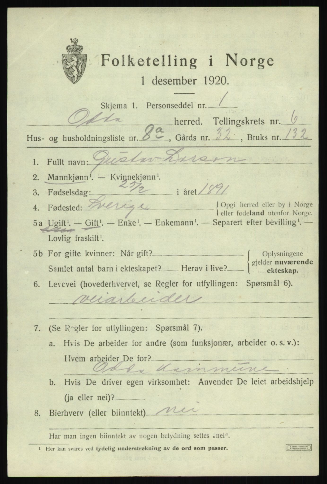 SAB, 1920 census for Odda, 1920, p. 4193