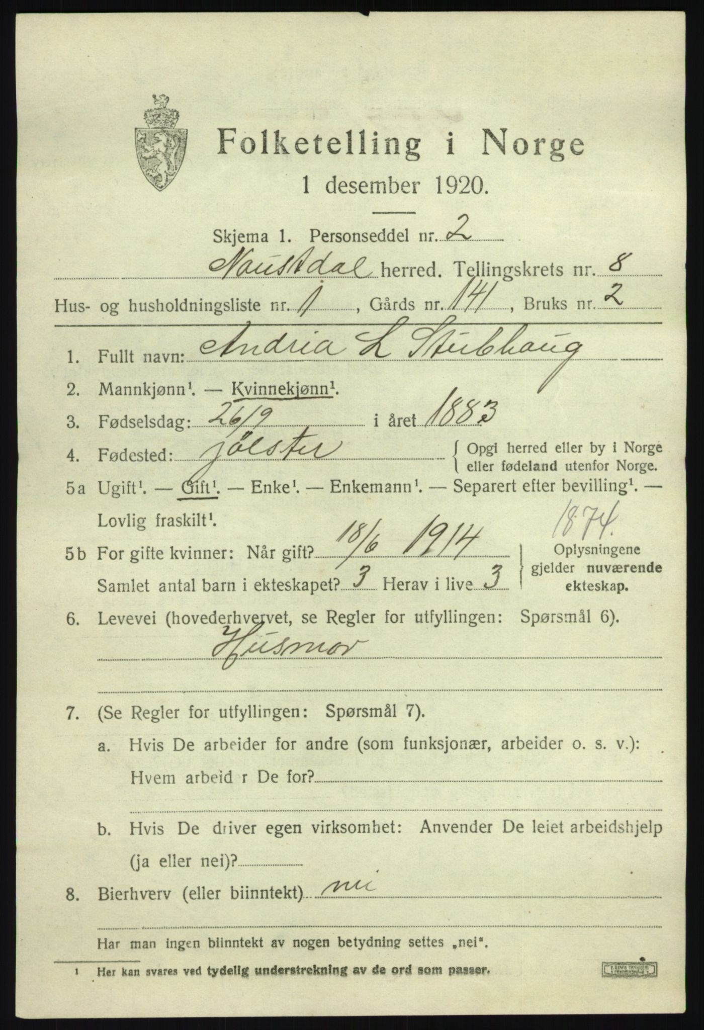 SAB, 1920 census for Naustdal, 1920, p. 4859