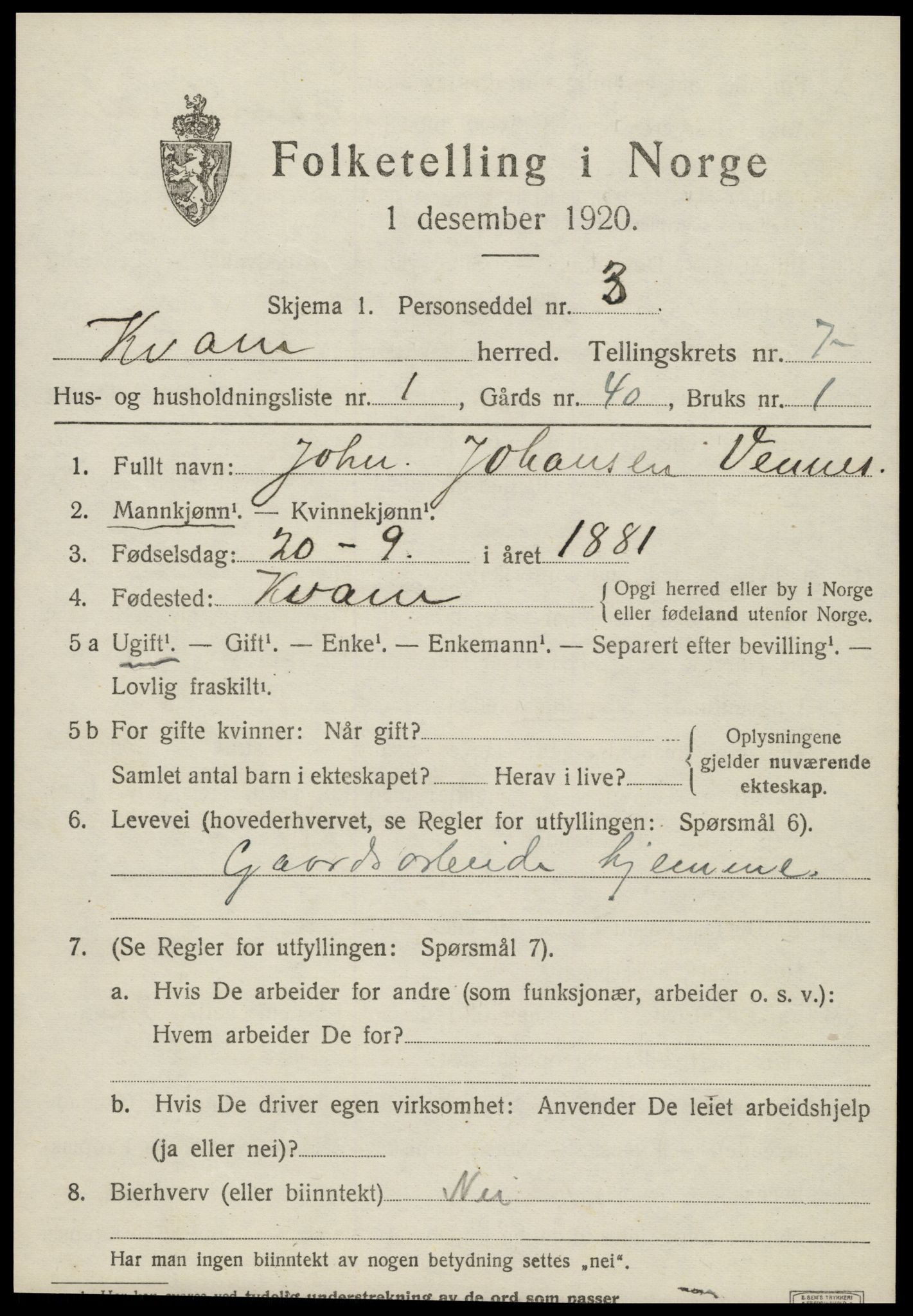 SAT, 1920 census for Kvam, 1920, p. 1805