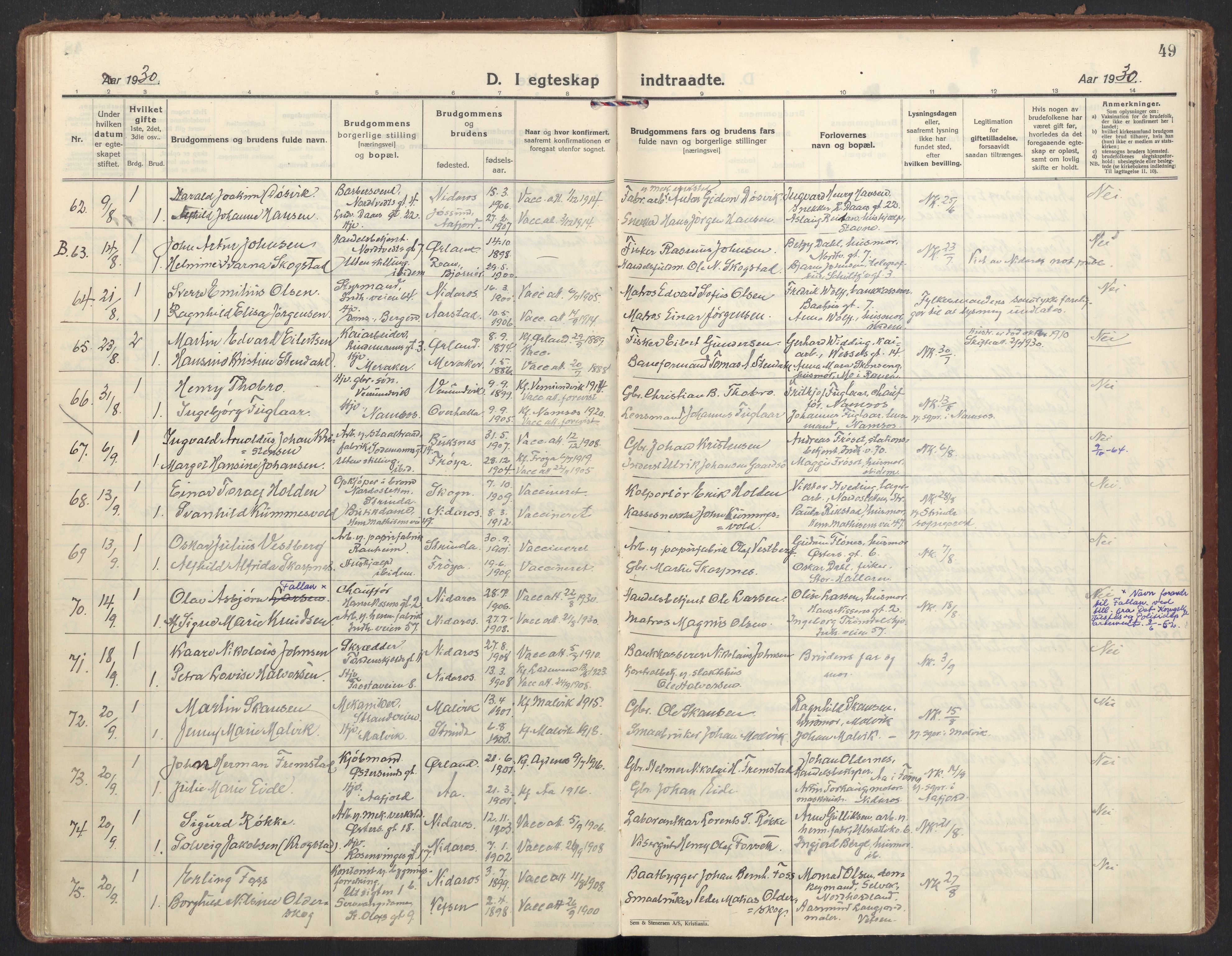 Ministerialprotokoller, klokkerbøker og fødselsregistre - Sør-Trøndelag, SAT/A-1456/605/L0249: Parish register (official) no. 605A11, 1925-1936, p. 49