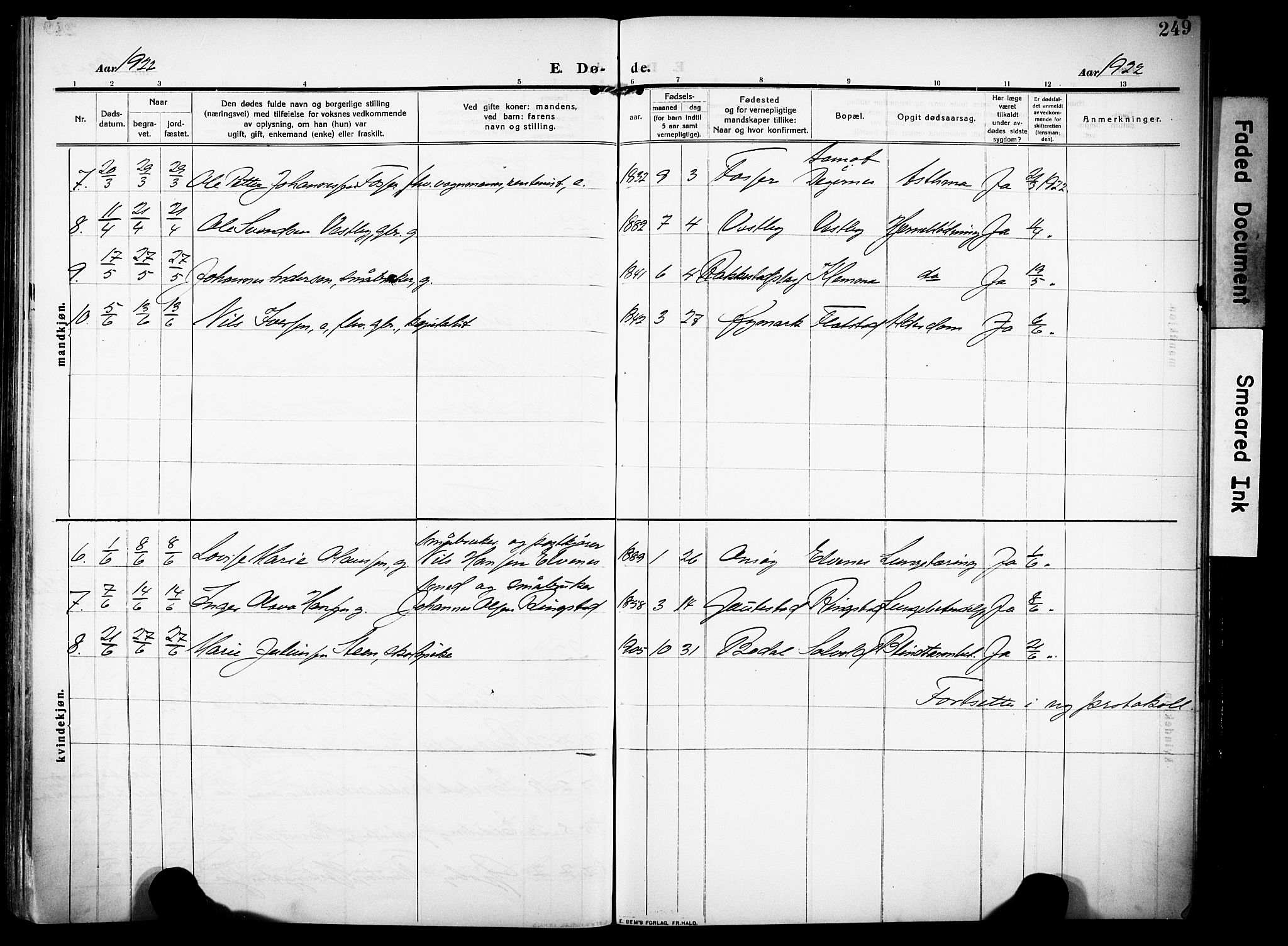 Rakkestad prestekontor Kirkebøker, AV/SAO-A-2008/F/Fa/L0015: Parish register (official) no. I 15, 1909-1922, p. 249