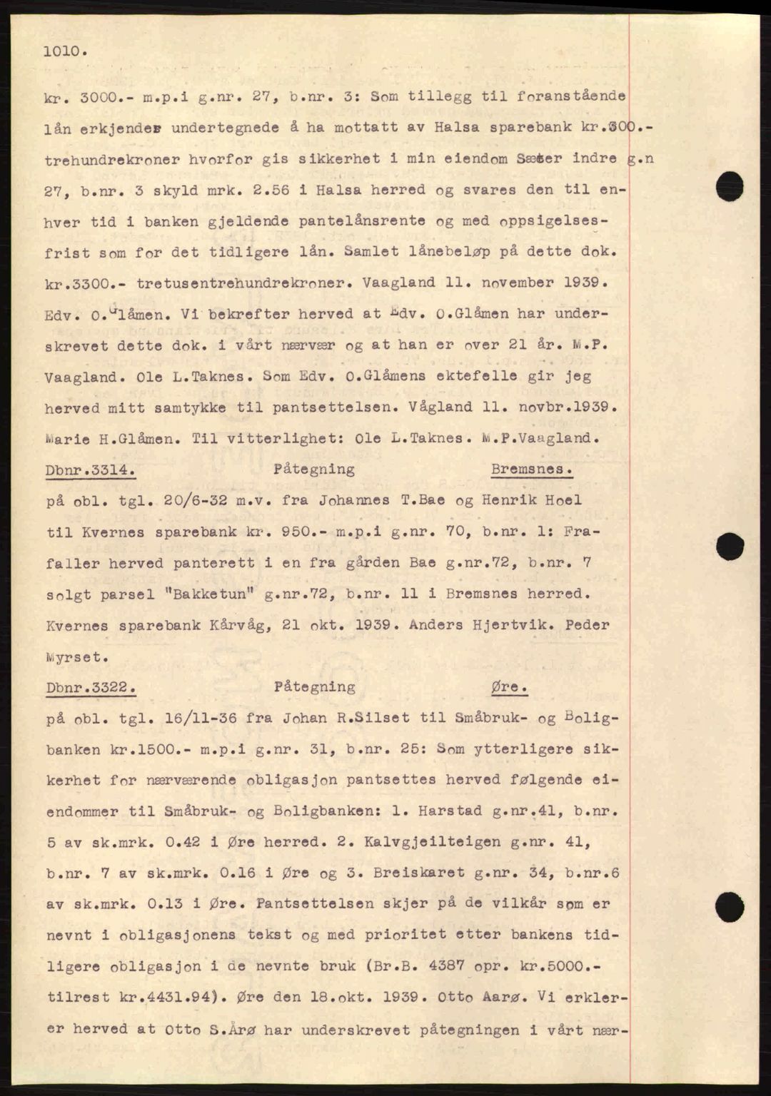 Nordmøre sorenskriveri, AV/SAT-A-4132/1/2/2Ca: Mortgage book no. C80, 1936-1939, Diary no: : 3314/1939