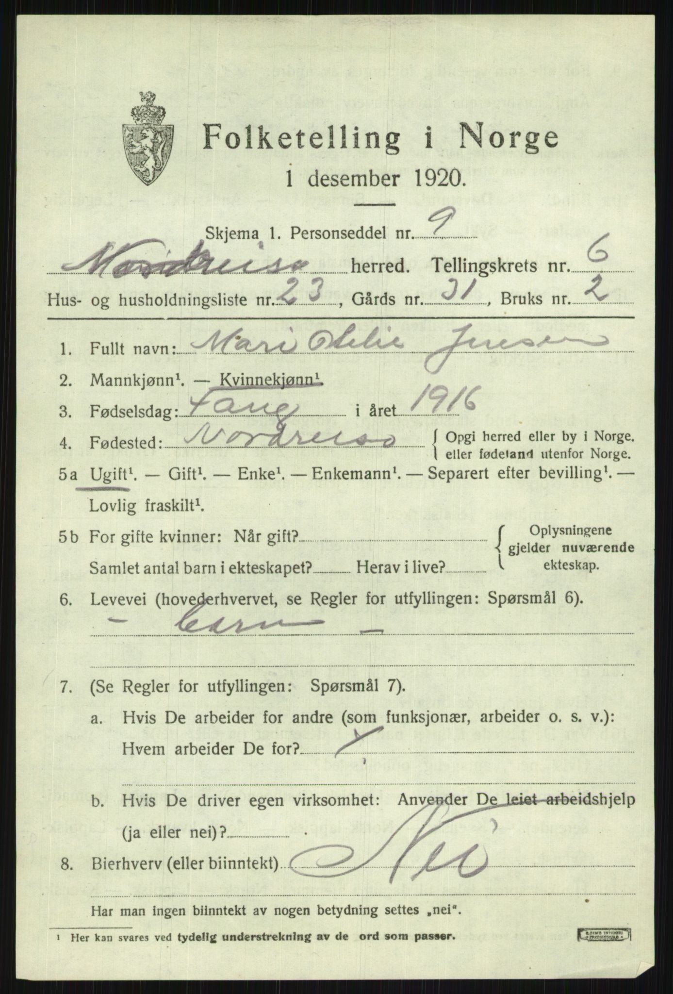 SATØ, 1920 census for Nordreisa, 1920, p. 2977