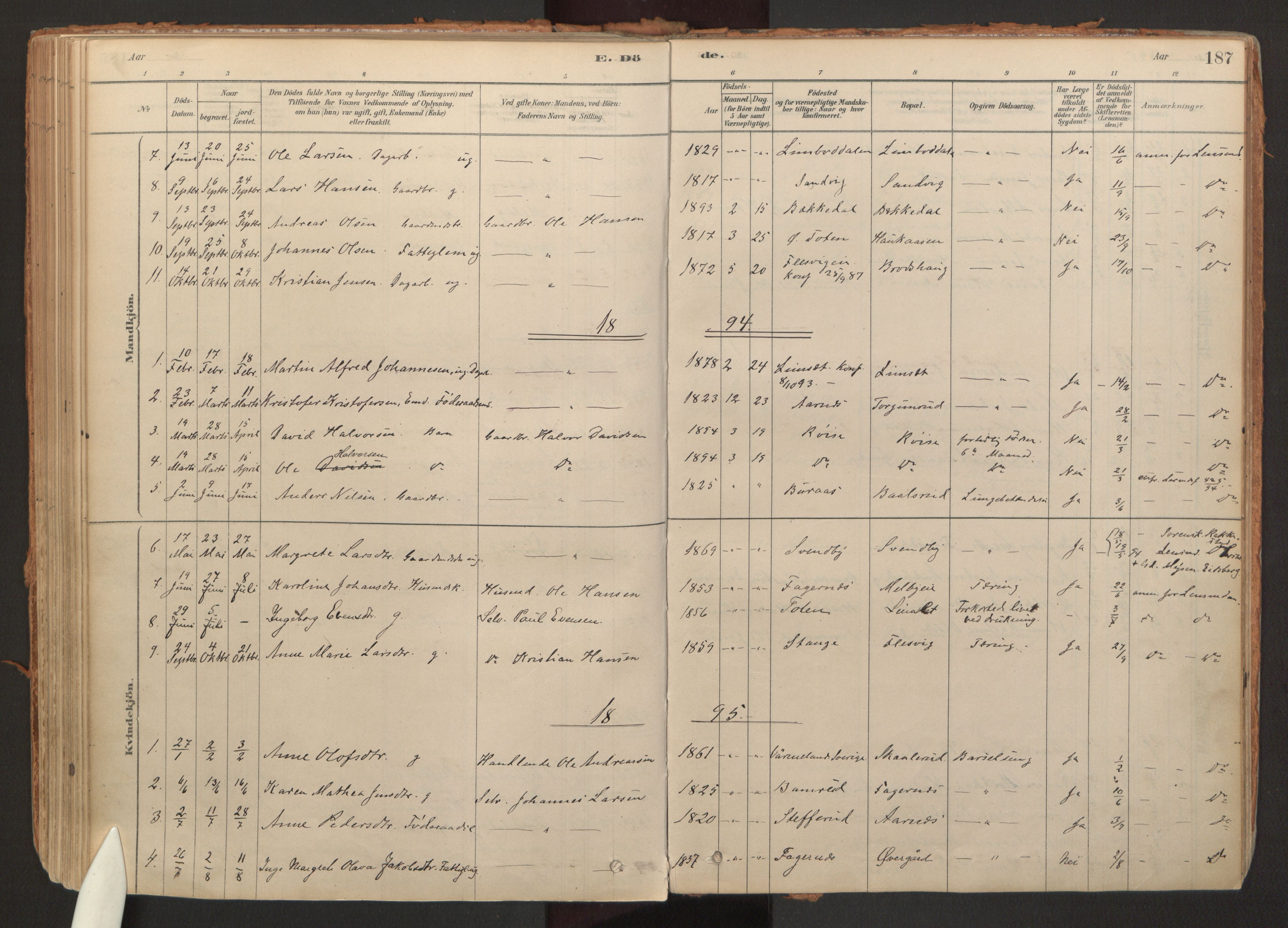 Hurdal prestekontor Kirkebøker, SAO/A-10889/F/Fb/L0003: Parish register (official) no. II 3, 1878-1920, p. 187