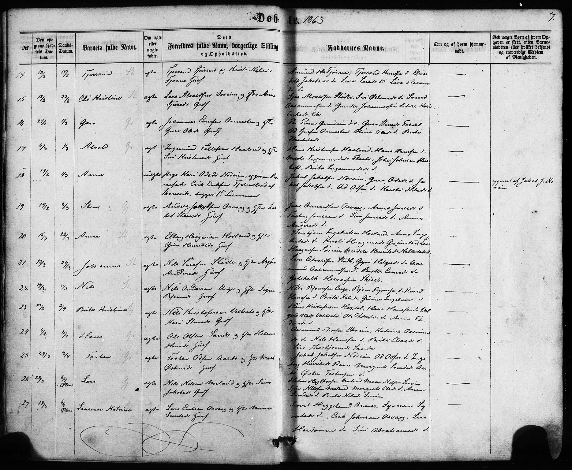 Etne sokneprestembete, AV/SAB-A-75001/H/Haa: Parish register (official) no. A 9, 1862-1878, p. 7