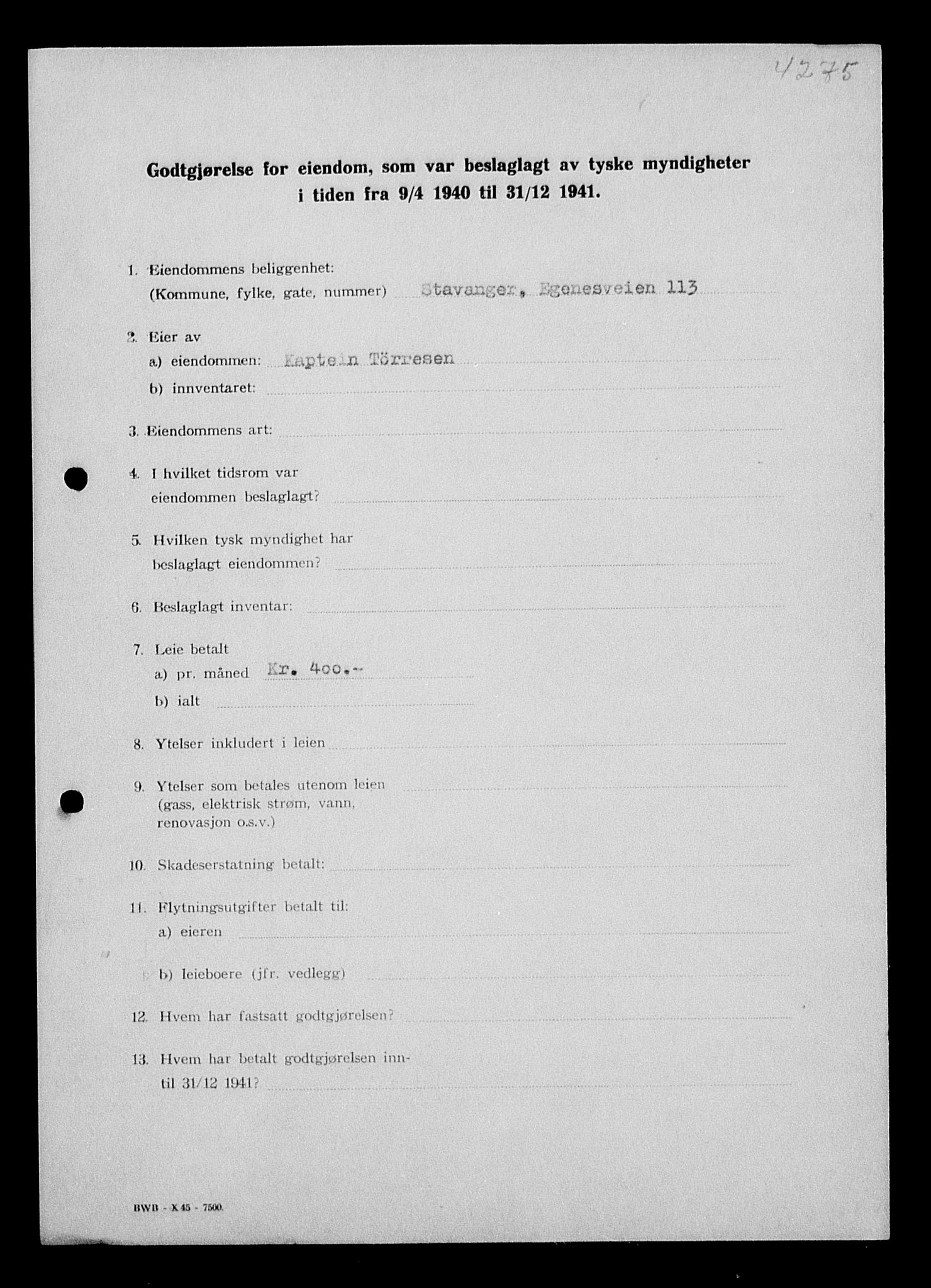 Justisdepartementet, Tilbakeføringskontoret for inndratte formuer, AV/RA-S-1564/I/L1014: Godtgjørelse for beslaglagt eiendom, 1940-1941, p. 146