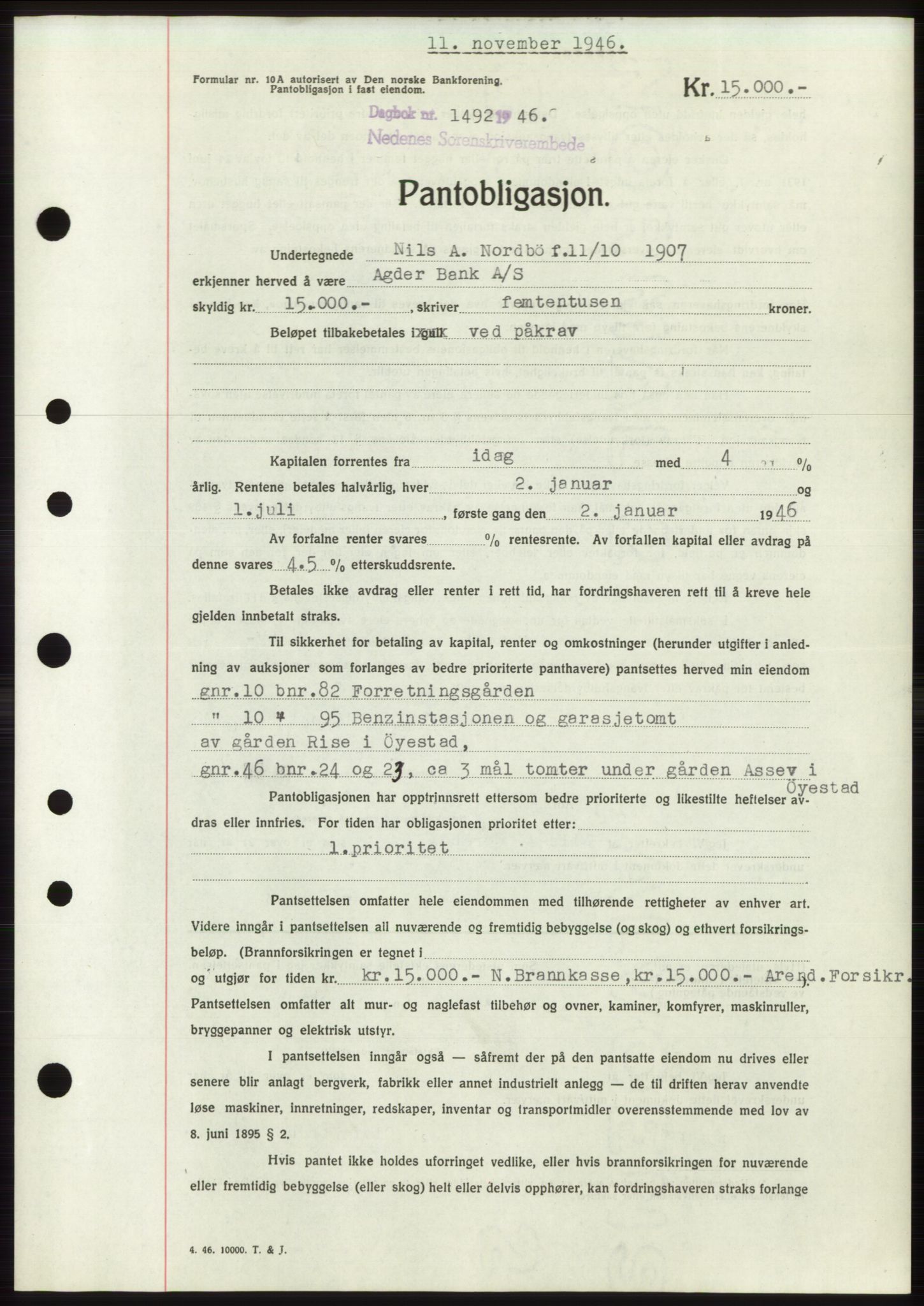 Nedenes sorenskriveri, SAK/1221-0006/G/Gb/Gbb/L0003: Mortgage book no. B3b, 1946-1946, Diary no: : 1492/1946