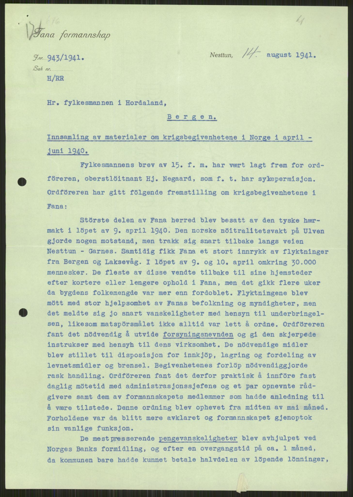 Forsvaret, Forsvarets krigshistoriske avdeling, AV/RA-RAFA-2017/Y/Ya/L0015: II-C-11-31 - Fylkesmenn.  Rapporter om krigsbegivenhetene 1940., 1940, p. 293