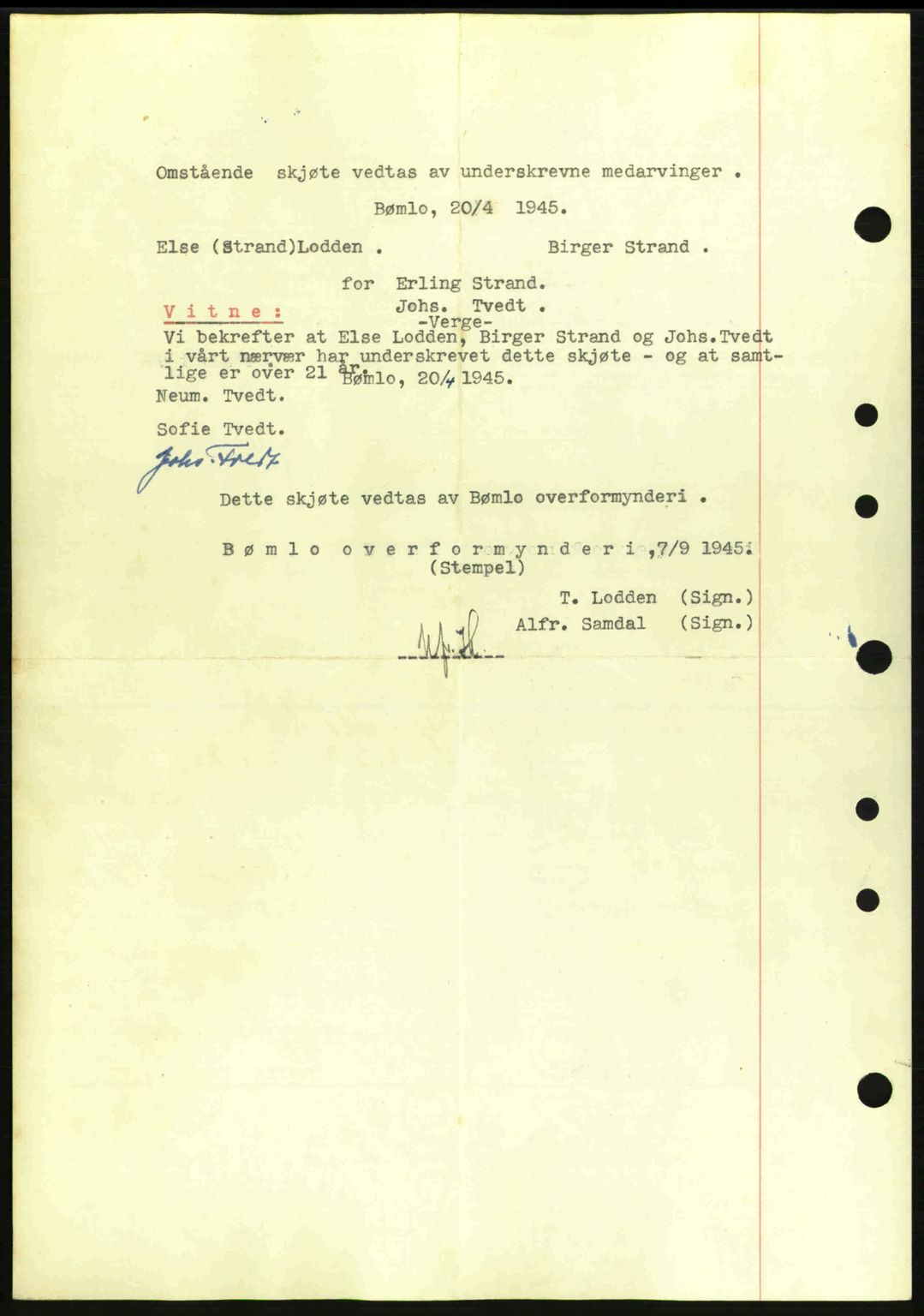 Sunnhordland sorenskrivar, AV/SAB-A-2401: Mortgage book no. A77, 1945-1945, Diary no: : 1061/1945