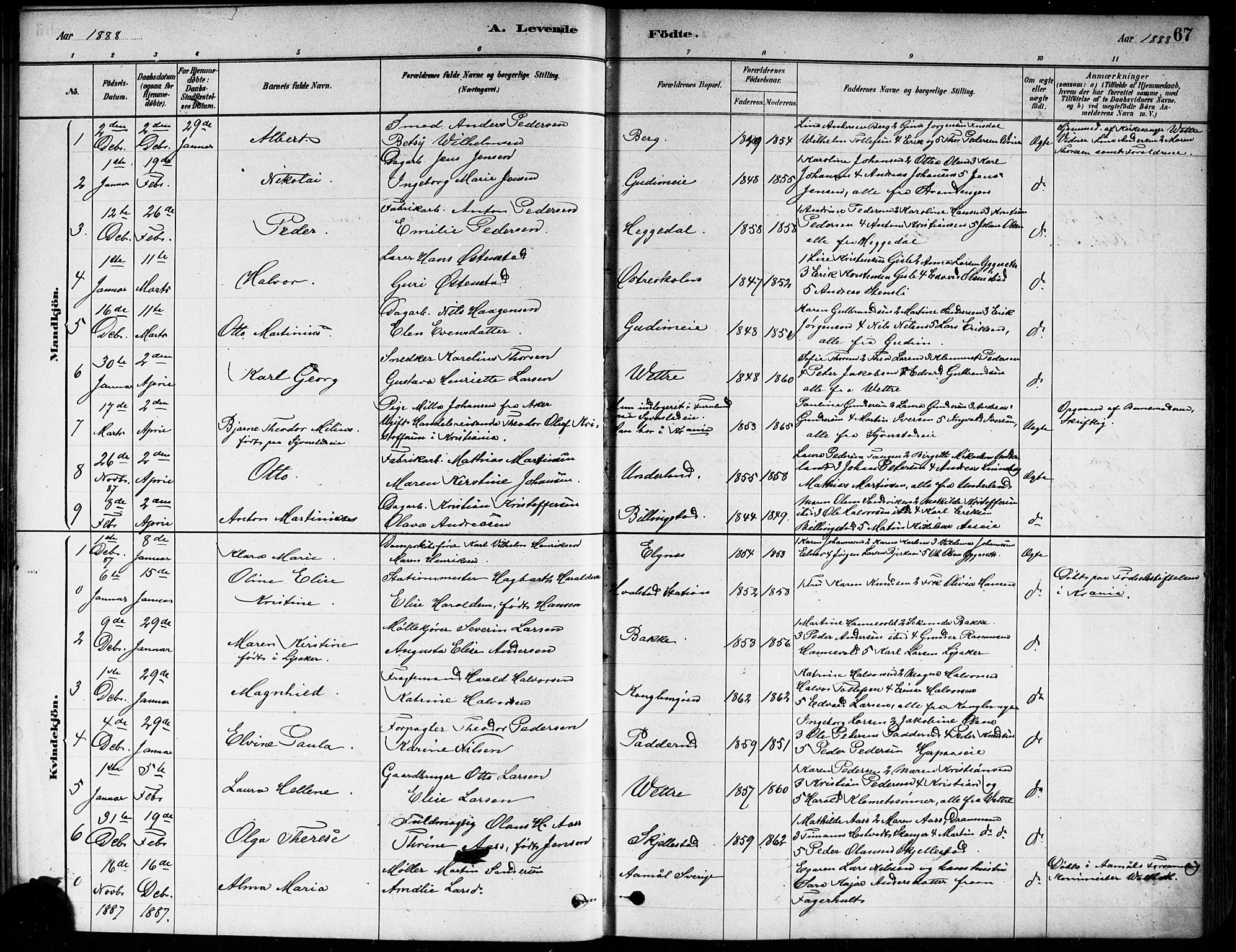 Asker prestekontor Kirkebøker, SAO/A-10256a/F/Fa/L0013: Parish register (official) no. I 13, 1879-1896, p. 67