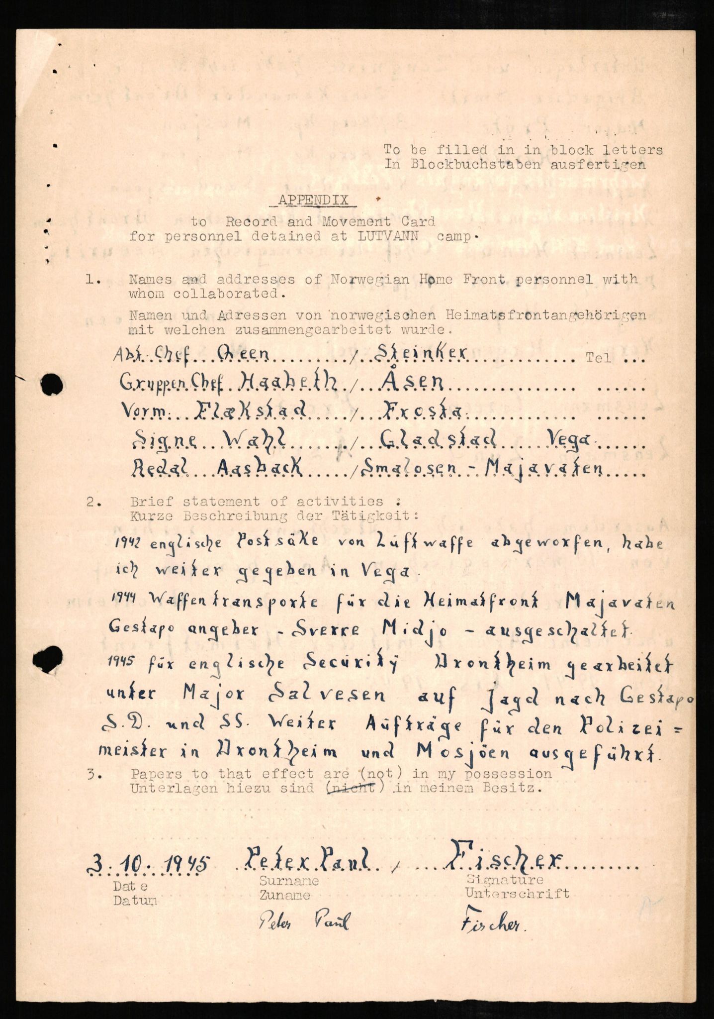 Forsvaret, Forsvarets overkommando II, AV/RA-RAFA-3915/D/Db/L0008: CI Questionaires. Tyske okkupasjonsstyrker i Norge. Tyskere., 1945-1946, p. 154