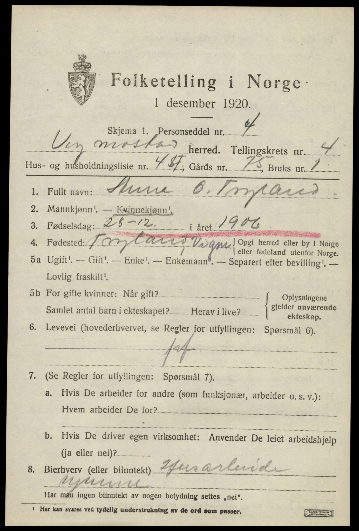 SAK, 1920 census for Vigmostad, 1920, p. 1631