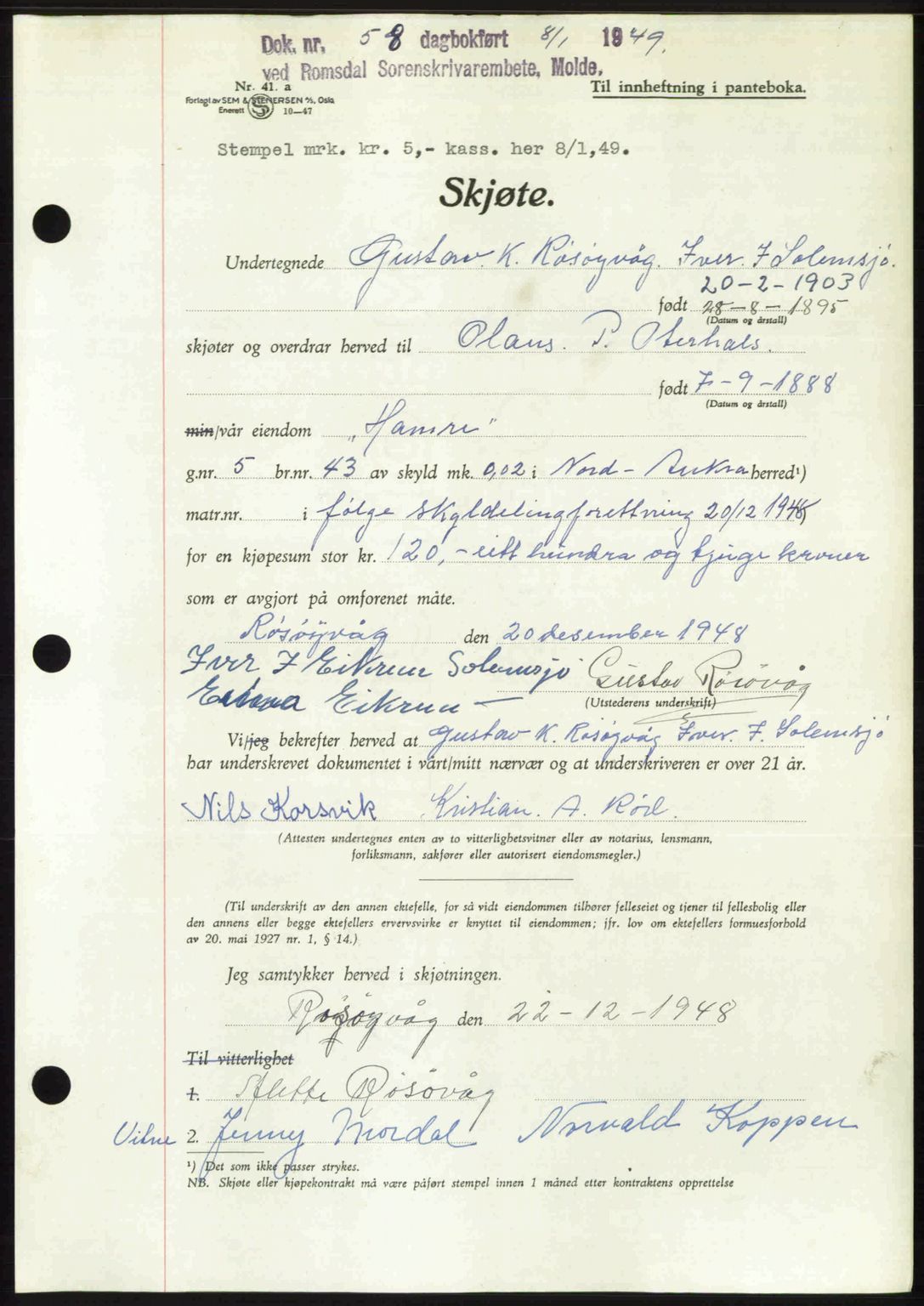 Romsdal sorenskriveri, AV/SAT-A-4149/1/2/2C: Mortgage book no. A28, 1948-1949, Diary no: : 58/1949