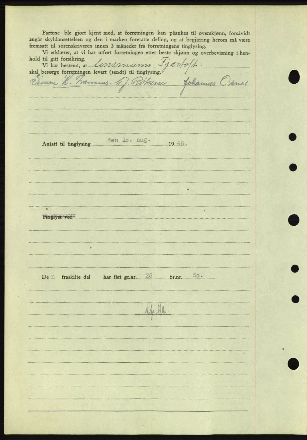 Sunnhordland sorenskrivar, AV/SAB-A-2401: Mortgage book no. A77, 1945-1945, Diary no: : 925/1945