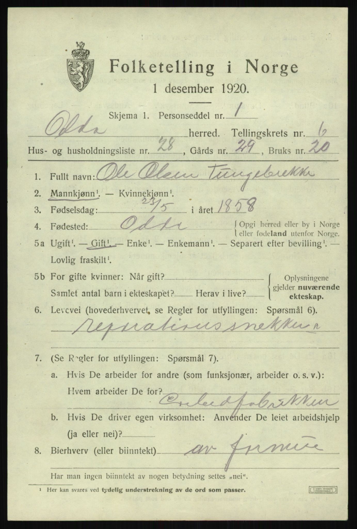 SAB, 1920 census for Odda, 1920, p. 4859