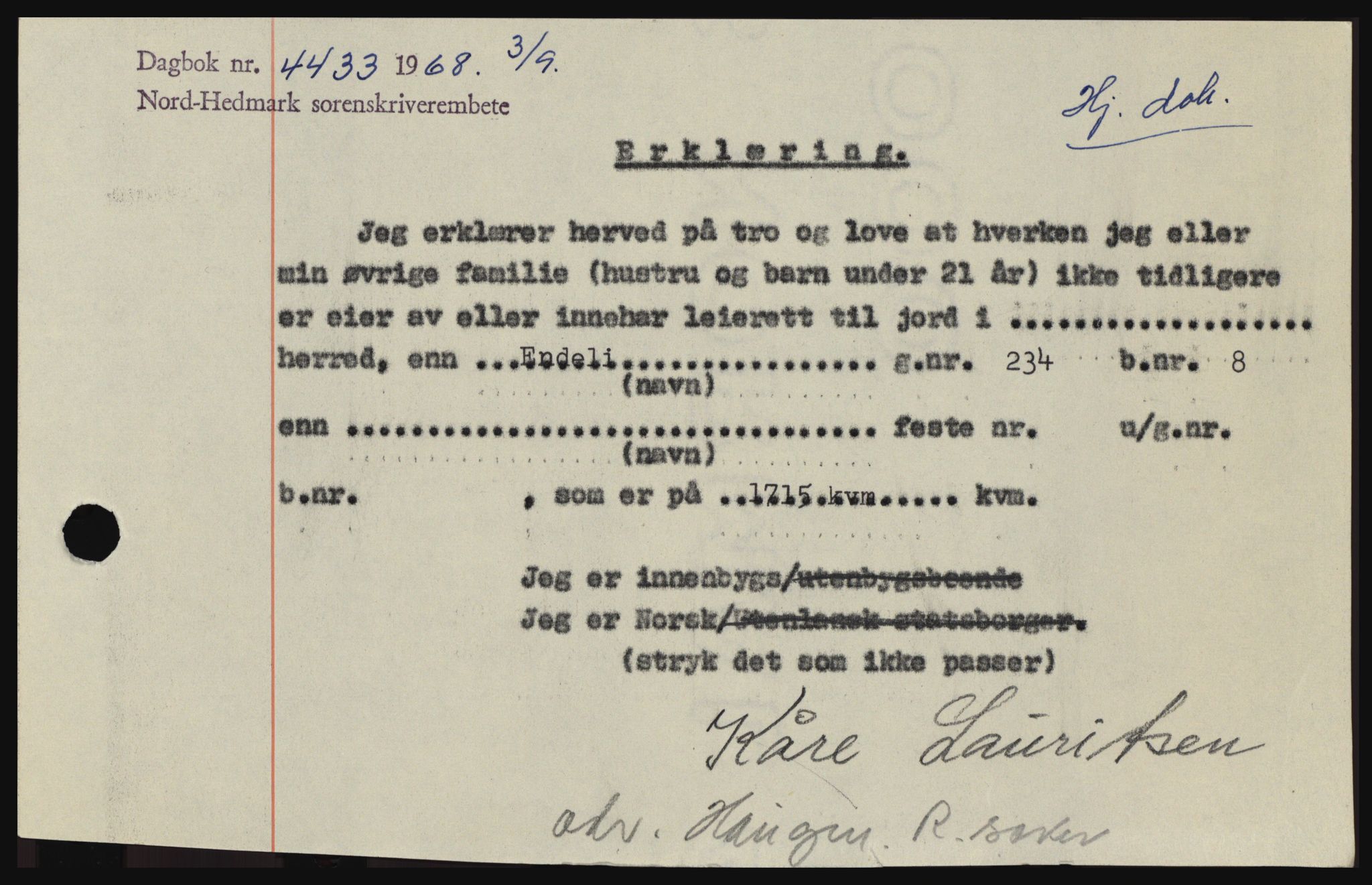 Nord-Hedmark sorenskriveri, SAH/TING-012/H/Hc/L0028: Mortgage book no. 28, 1968-1968, Diary no: : 4433/1968