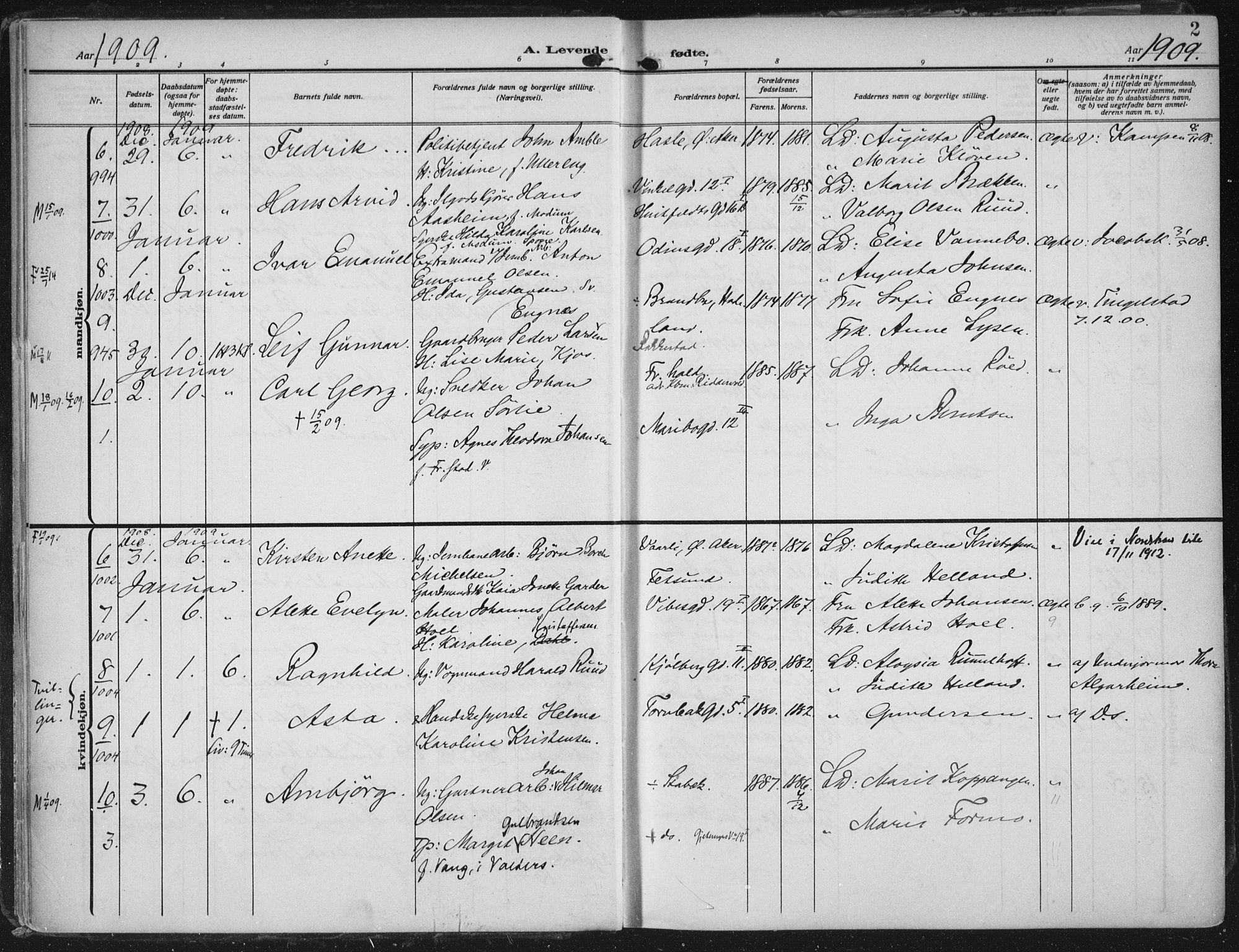 Rikshospitalet prestekontor Kirkebøker, AV/SAO-A-10309b/F/L0014: Parish register (official) no. 14, 1909-1912, p. 2