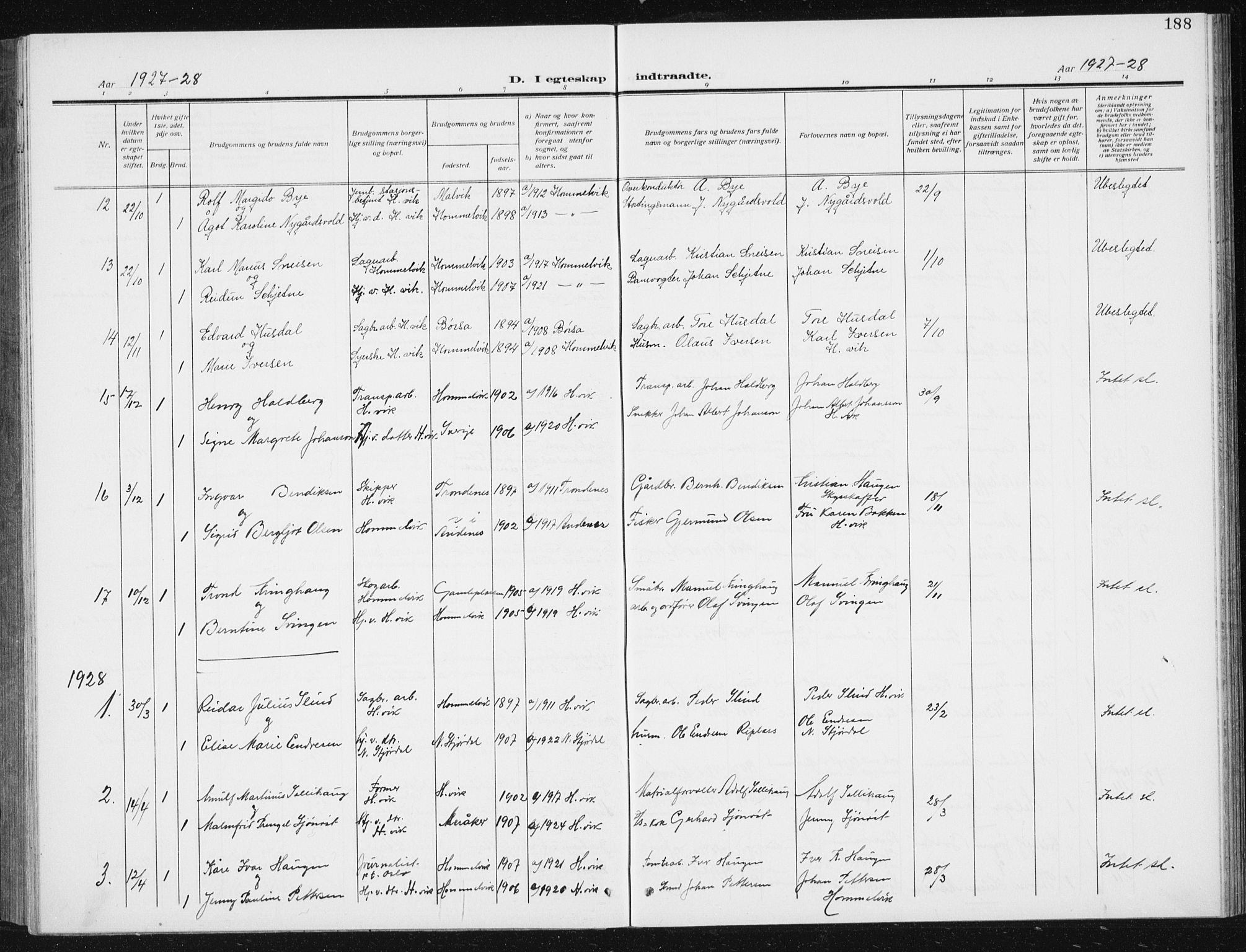 Ministerialprotokoller, klokkerbøker og fødselsregistre - Sør-Trøndelag, SAT/A-1456/617/L0431: Parish register (copy) no. 617C02, 1910-1936, p. 188