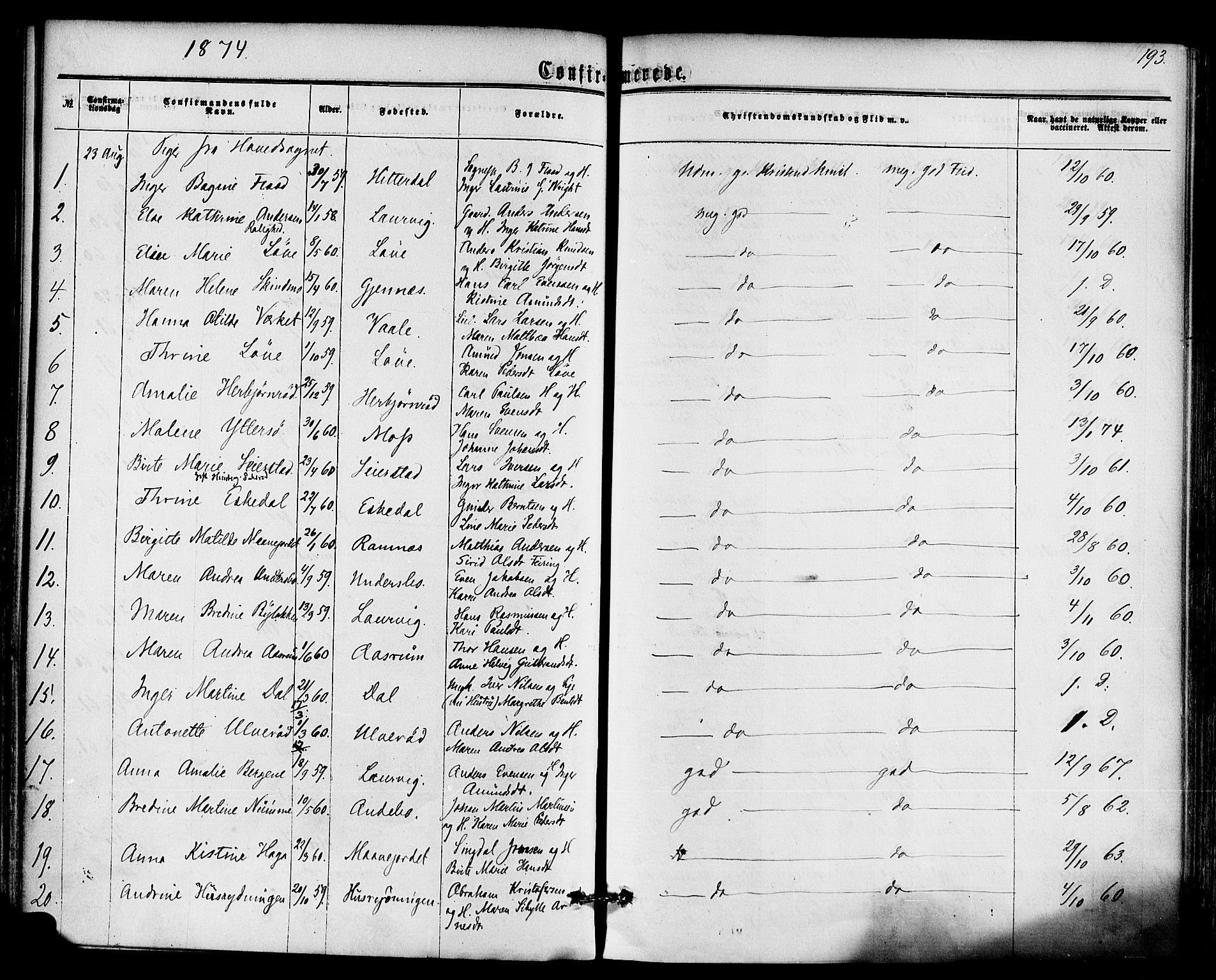 Hedrum kirkebøker, AV/SAKO-A-344/F/Fa/L0008: Parish register (official) no. I 8, 1869-1880, p. 193