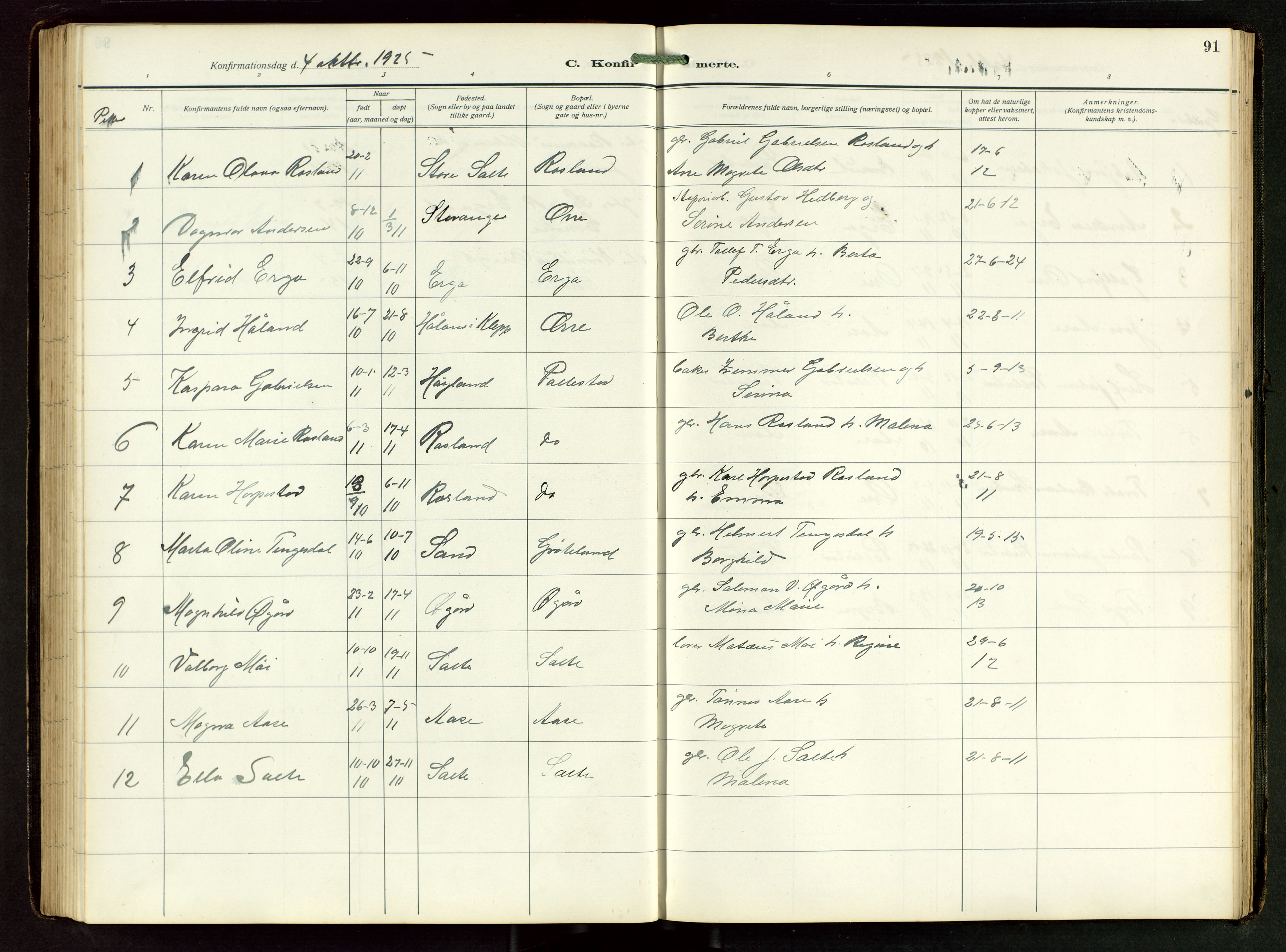 Klepp sokneprestkontor, SAST/A-101803/001/3/30BB/L0008: Parish register (copy) no. B 8, 1918-1949, p. 91