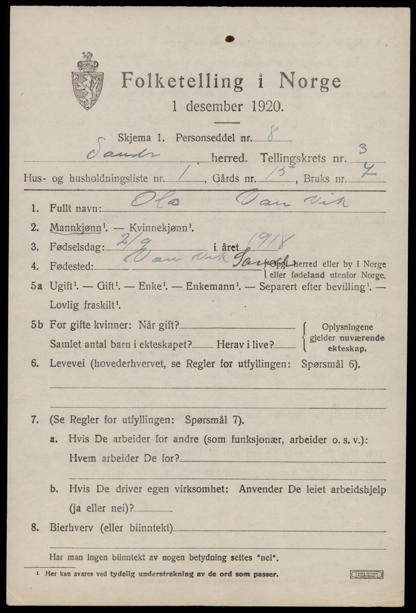 SAST, 1920 census for Sand, 1920, p. 1069